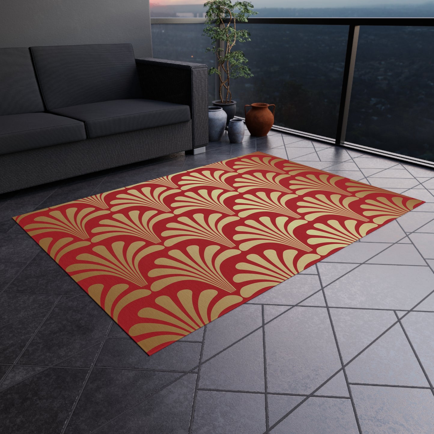Chenille Outdoor Rug with No-Skid Backing Cozy Red and Gold Outdoor Carpet Patio Decor Gazebo Rug Pool Area Decor Outdoor Kitchen Rug