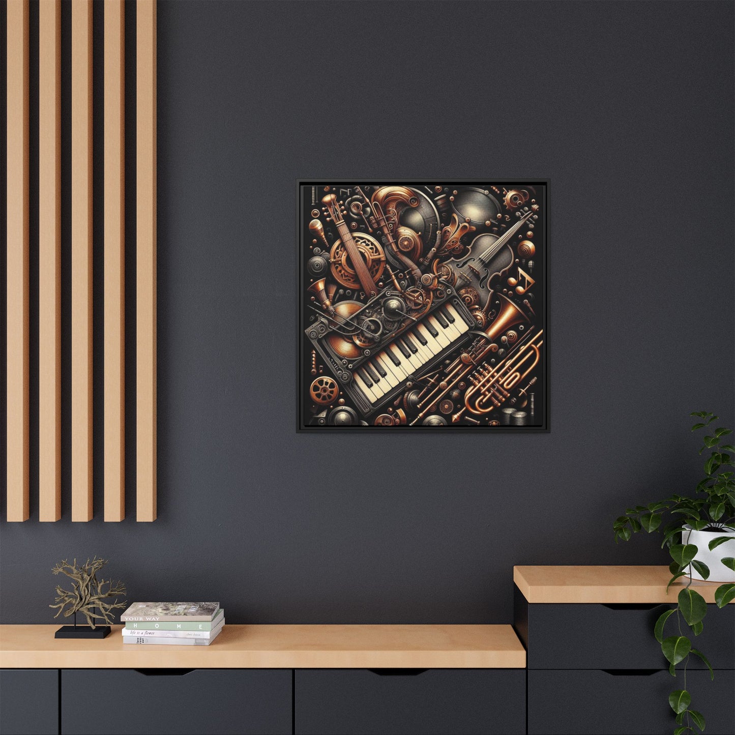 Modern Music-Themed Steampunk Style Print Abstract Design Unique Framed Canvas Print Wall Art Music Lover Gift Decor 3 frame colors