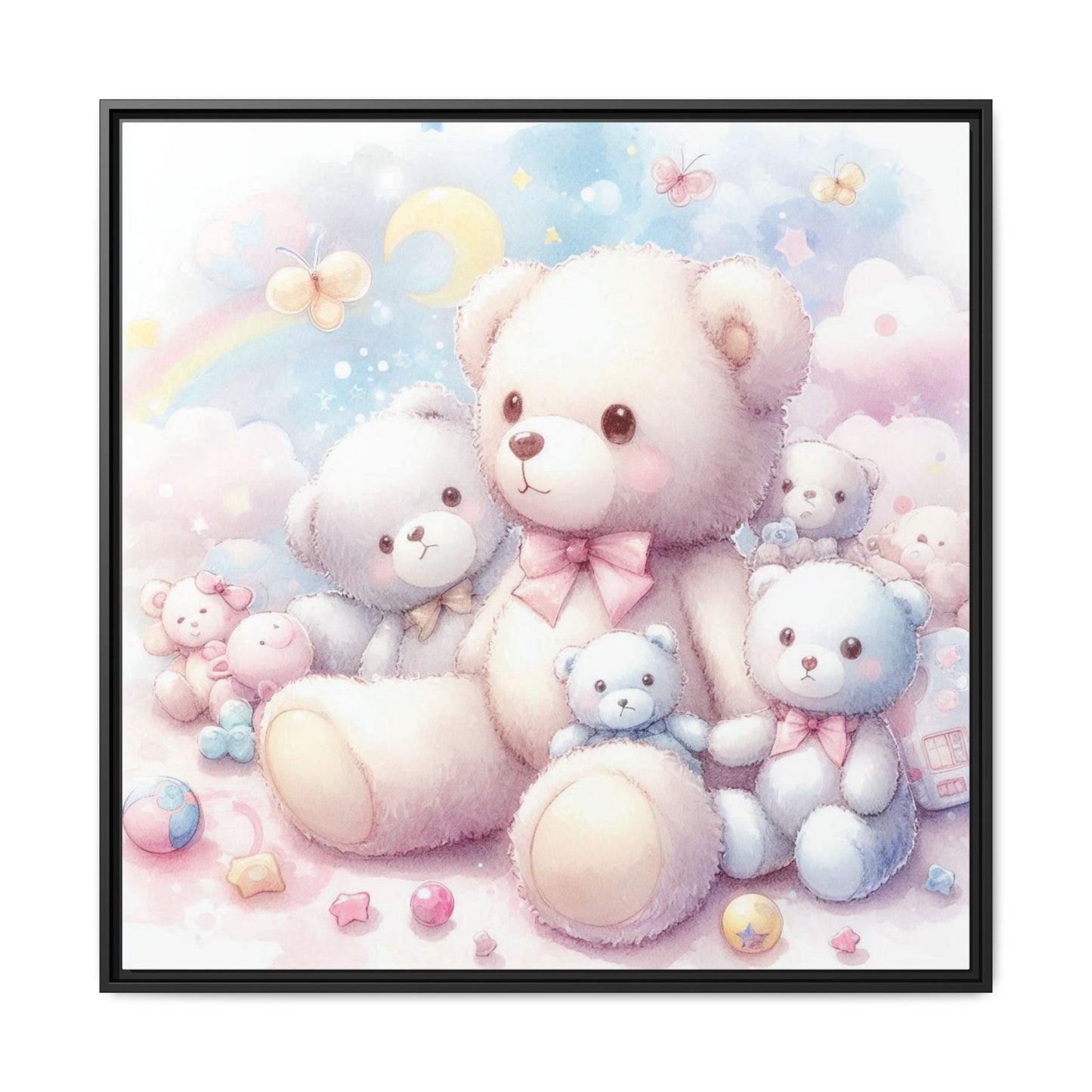 Whimsical Nursery Decor Pastel Floral Teddy Bear Design Wall Art Unique Sweet Baby Room Framed Canvas Print Unisex Baby Shower Gift
