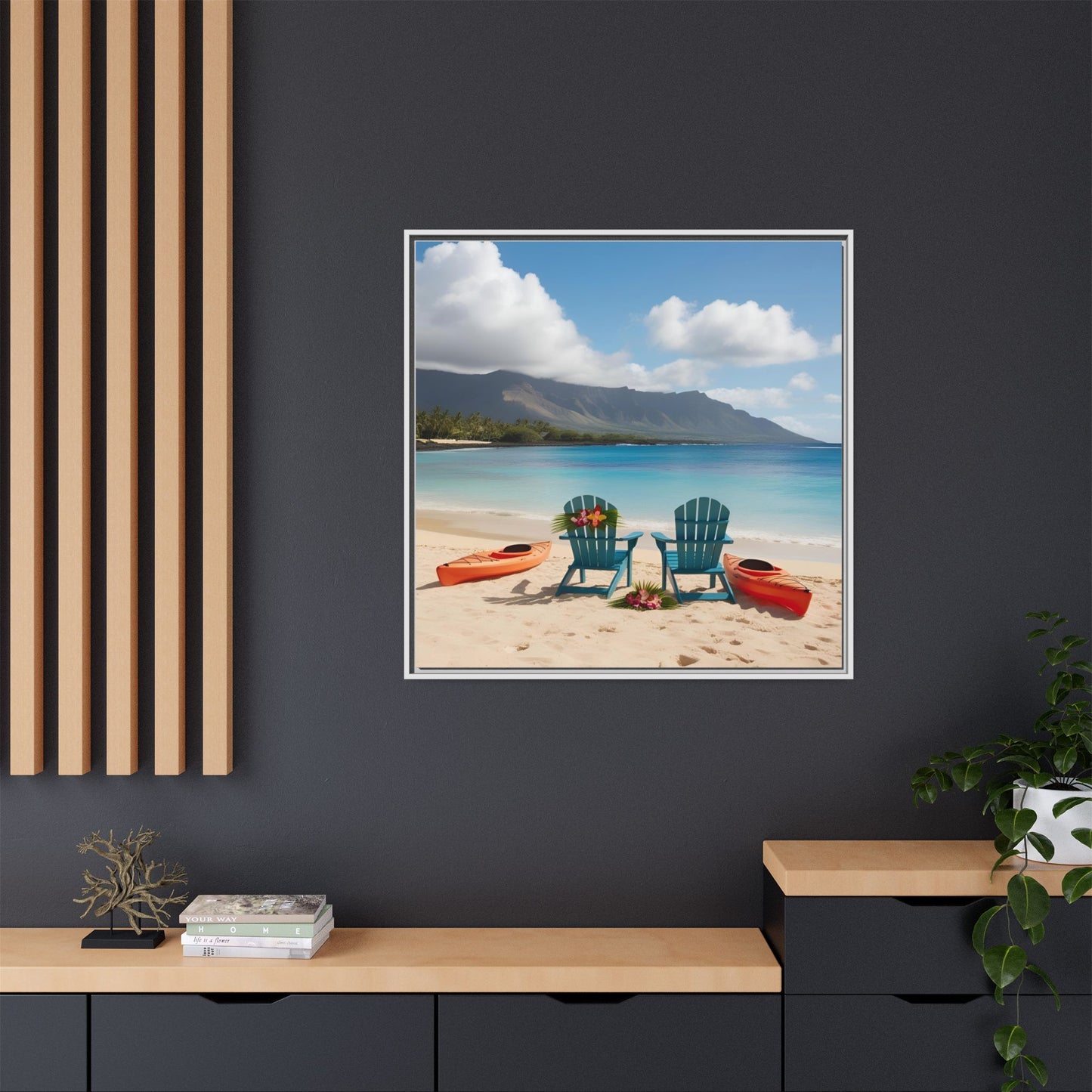 Chairs on the Beach Calm Sunny Day Framed Canvas Wall Art Beach Lover Vacation Oceanic Gift Nature Lover Peaceful Zen Gift 3 frame colors