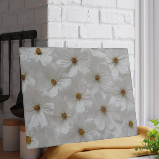 Kitchen Decor Glass Cutting Board Serving Tray with Daisies Design Cutting Board Gift for Home Cook Pressed Flowers Charcuterie Board