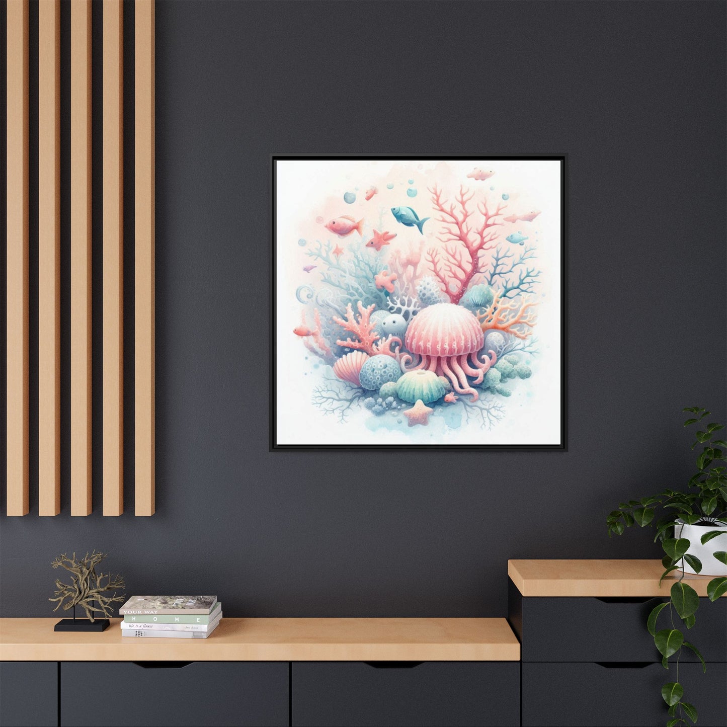 Whimsical Nursery Decor Pastel Underwater Design Unique Sweet Baby Room Framed Canvas Ocean Fish Print Unisex Baby Shower Sea Urchin Gift