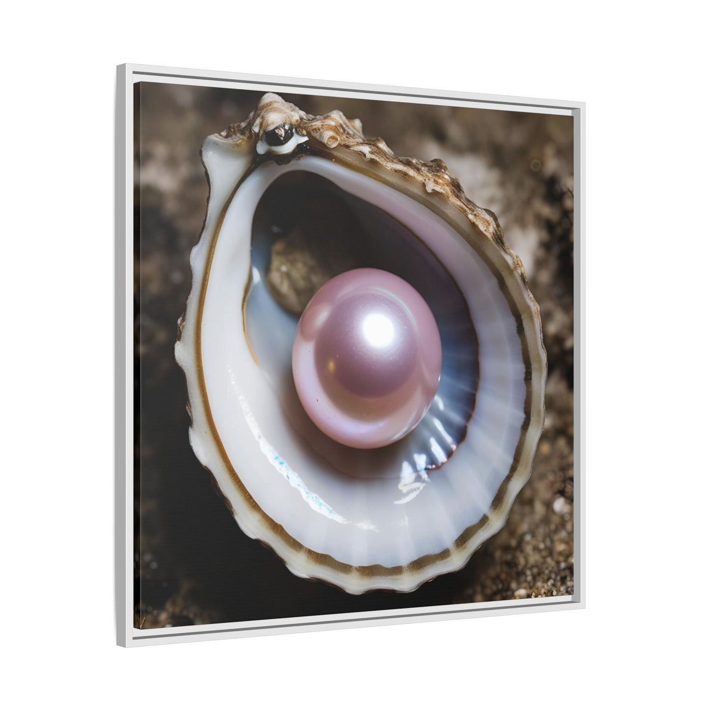 Pink Pearl in Oyster Shell Framed Canvas Wall Art Beach Lover Vacation Oceanic Gift Nature Lover Peaceful Zen Gift 3 frame colors
