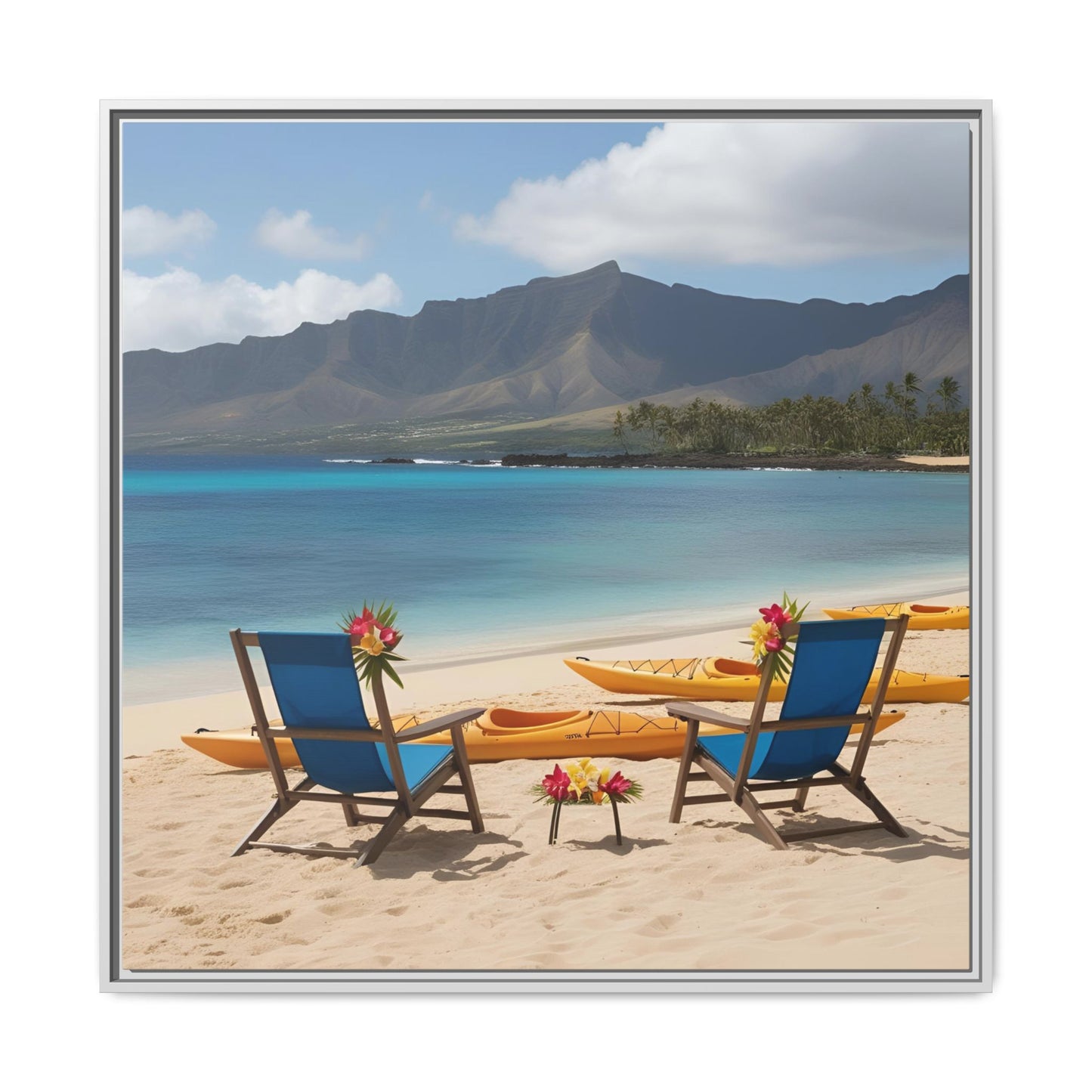 Chairs on the Beach Calm Sunny Day Framed Canvas Wall Art Beach Lover Vacation Oceanic Gift Nature Lover Peaceful Zen Gift 3 frame colors