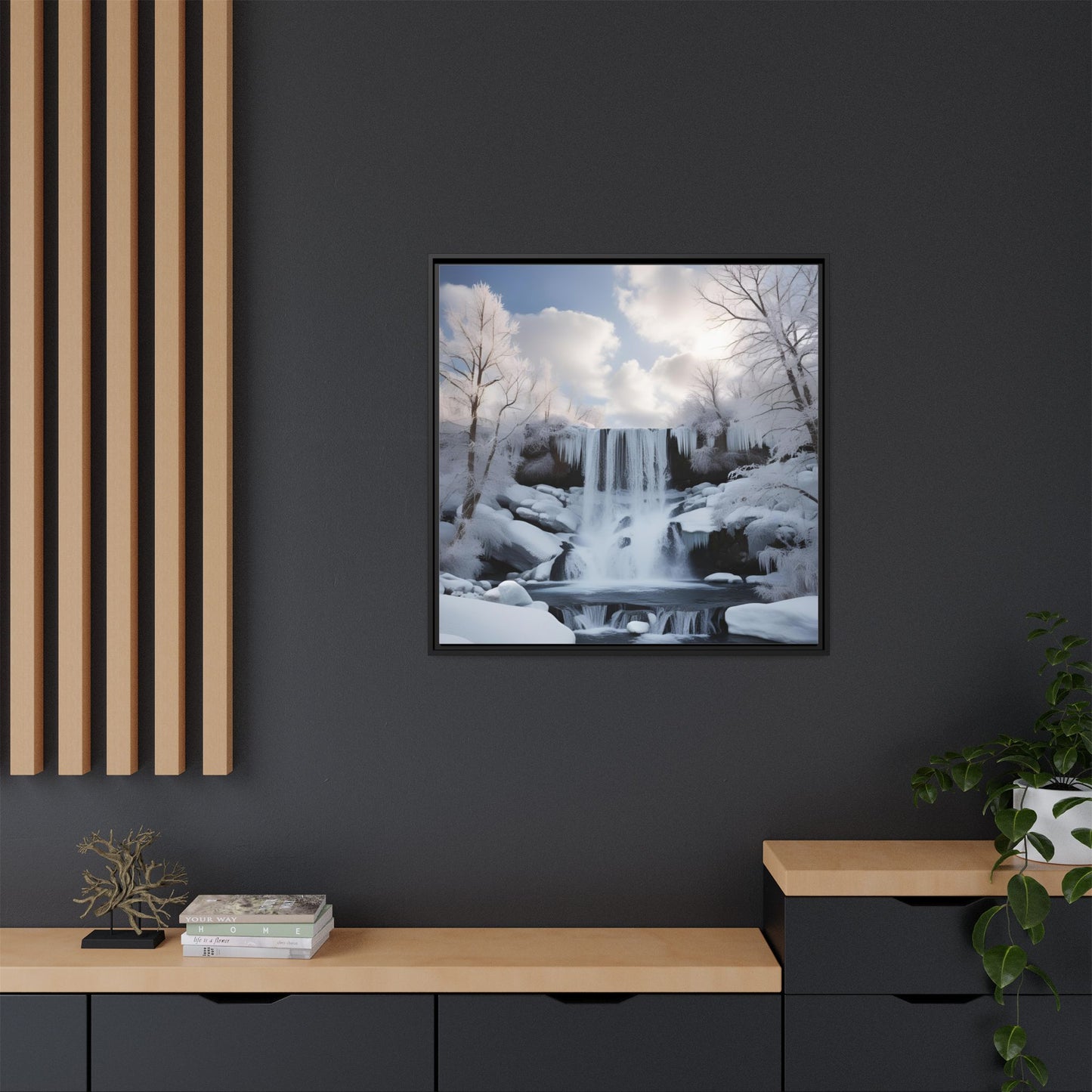 Modern Snowy Waterfall Design Unique Framed Canvas Wall Art Winter Scene Nature Lover Gift Mountain Landscape Decor Gift 3 frame colors