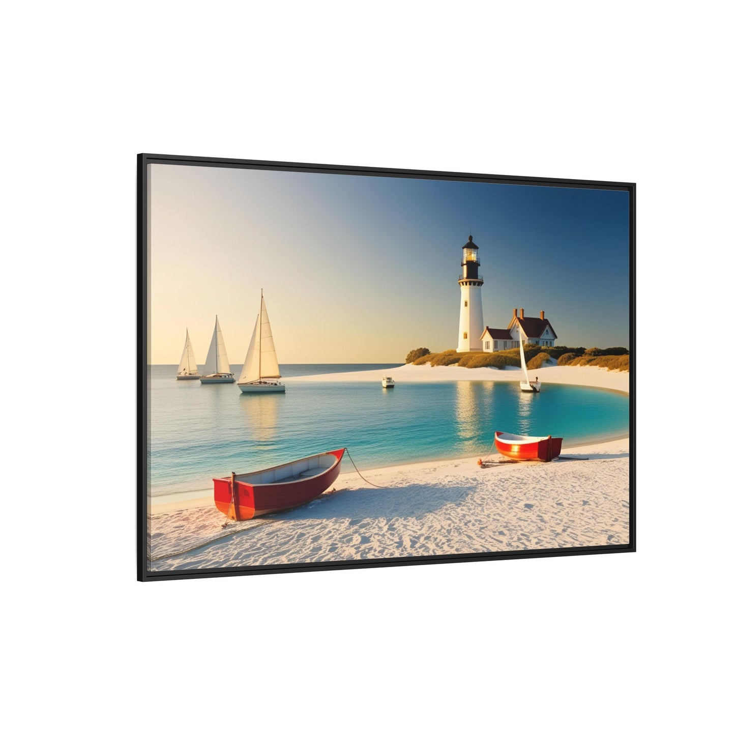 Lighthouse on the Beach Unique Framed Canvas Print Wall Art Nature Lover Gift Beachy Sailboats in the Ocean Vacation Decor 3 frame colors