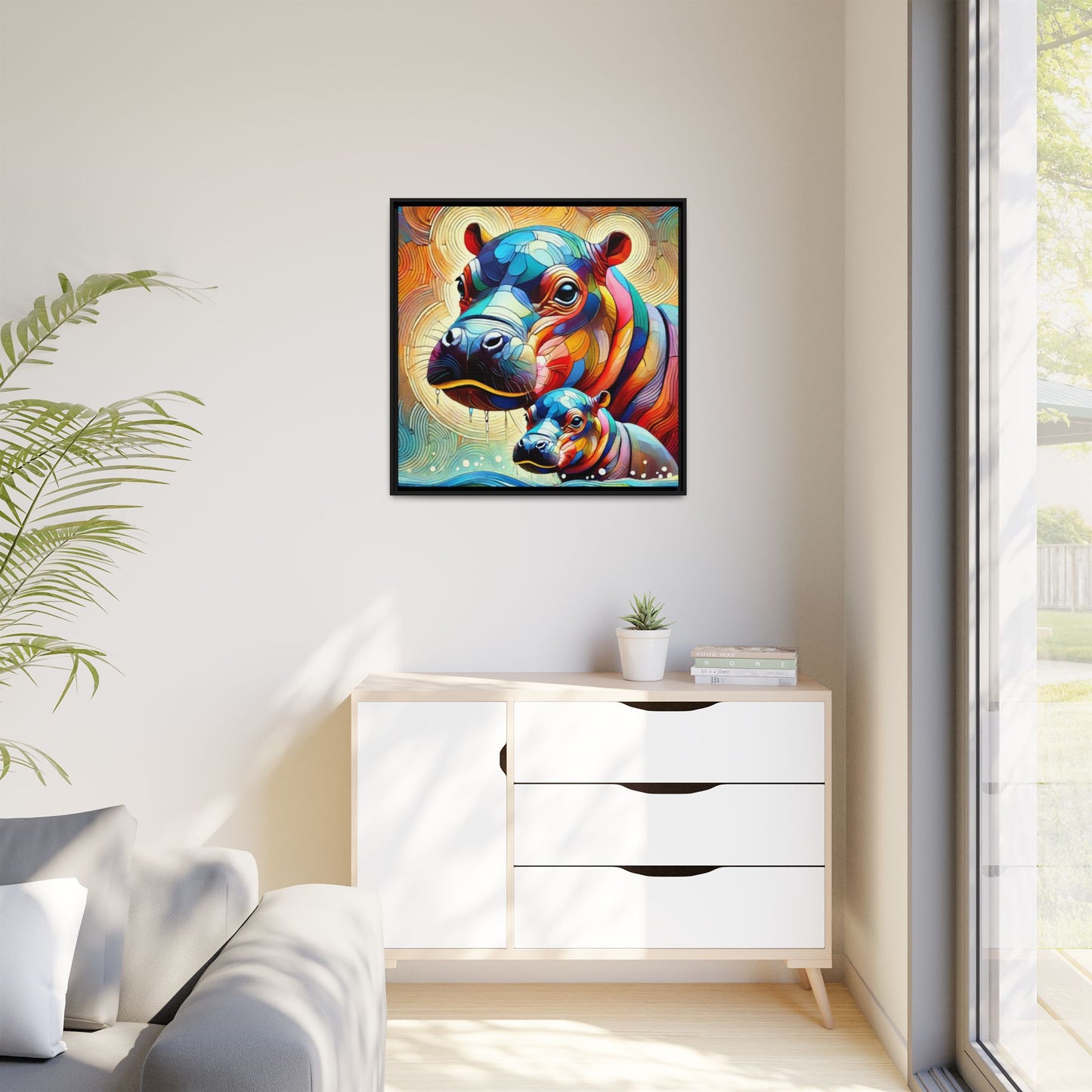 Modern Hippo Print Abstract Design Unique Framed Canvas Print Baby Hippo Wall Art Animal Lover Gift Nature Lover Decor 3 frame colors