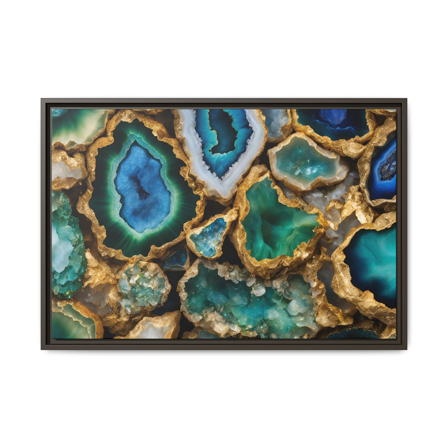 Blue, Green and Gold Quartz Crystal Geode Design Print Matte Canvas Wall Art Nature Lover Gift Geology Rock Lover Gift 3 frame color choices