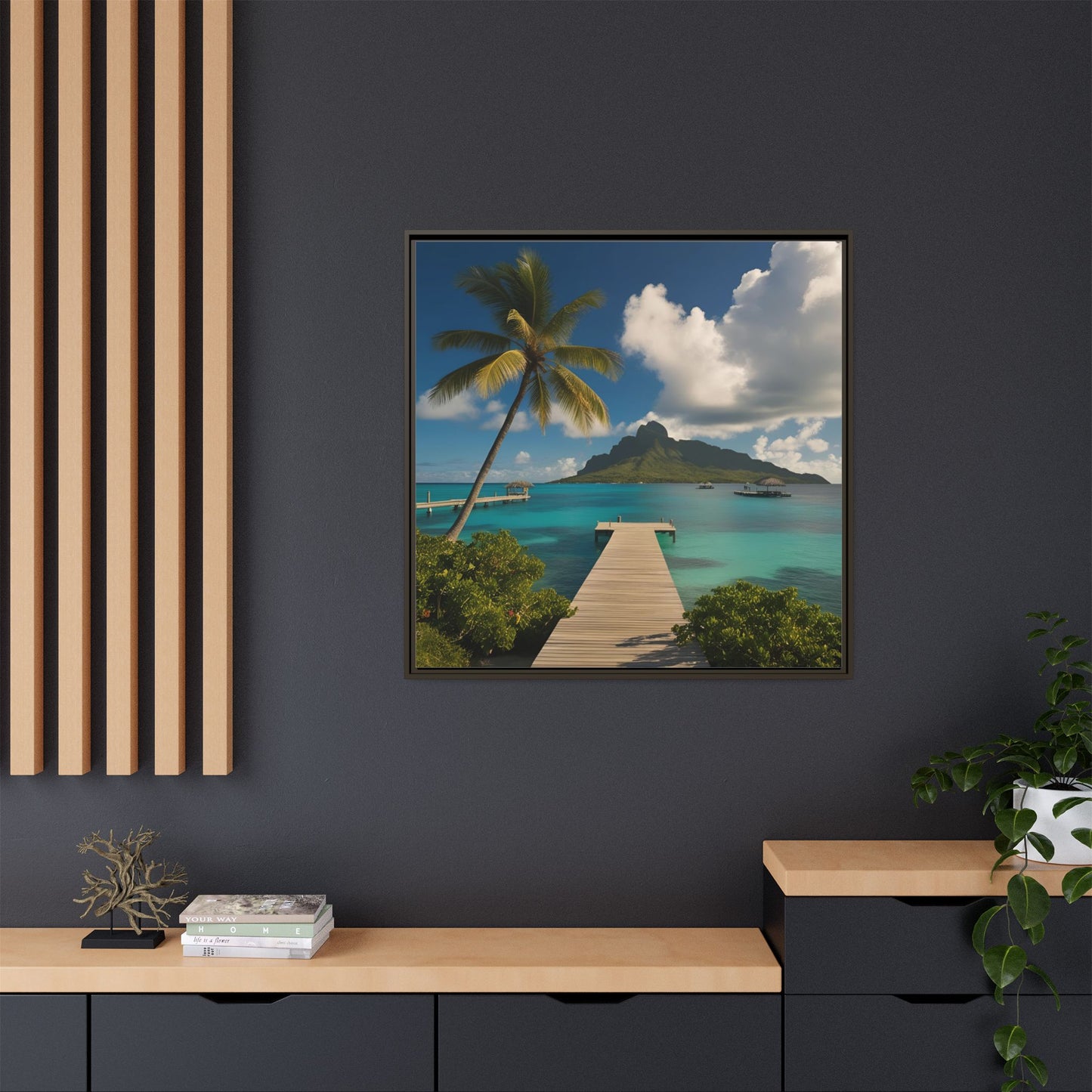 Tropical Island Calm Sunny Day Framed Canvas Wall Art Volcano Beach Vacation Oceanic Gift Nature Lover Peaceful Zen Gift 3 frame colors