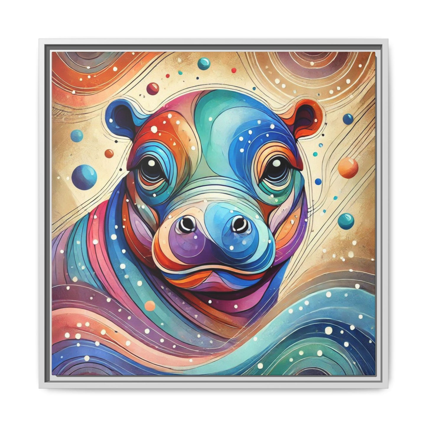 Modern Hippo Print Abstract Design Unique Framed Canvas Print Baby Hippo Wall Art Animal Lover Gift Nature Lover Decor 3 frame colors