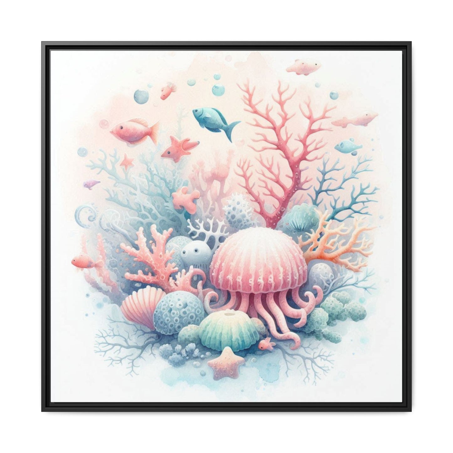 Whimsical Nursery Decor Pastel Underwater Design Unique Sweet Baby Room Framed Canvas Ocean Fish Print Unisex Baby Shower Sea Urchin Gift