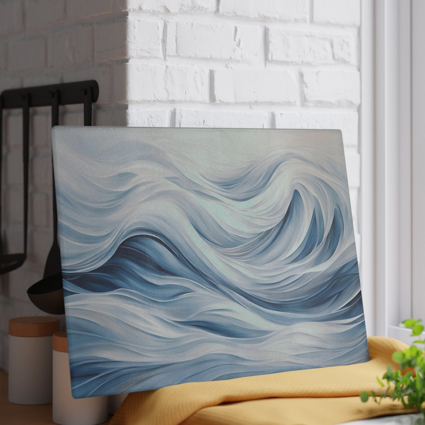 Kitchen Decor Glass Cutting Board Serving Tray with Ocean Waves Pattern Beachy Cutting Board Gift for Home Cook Charcuterie Board