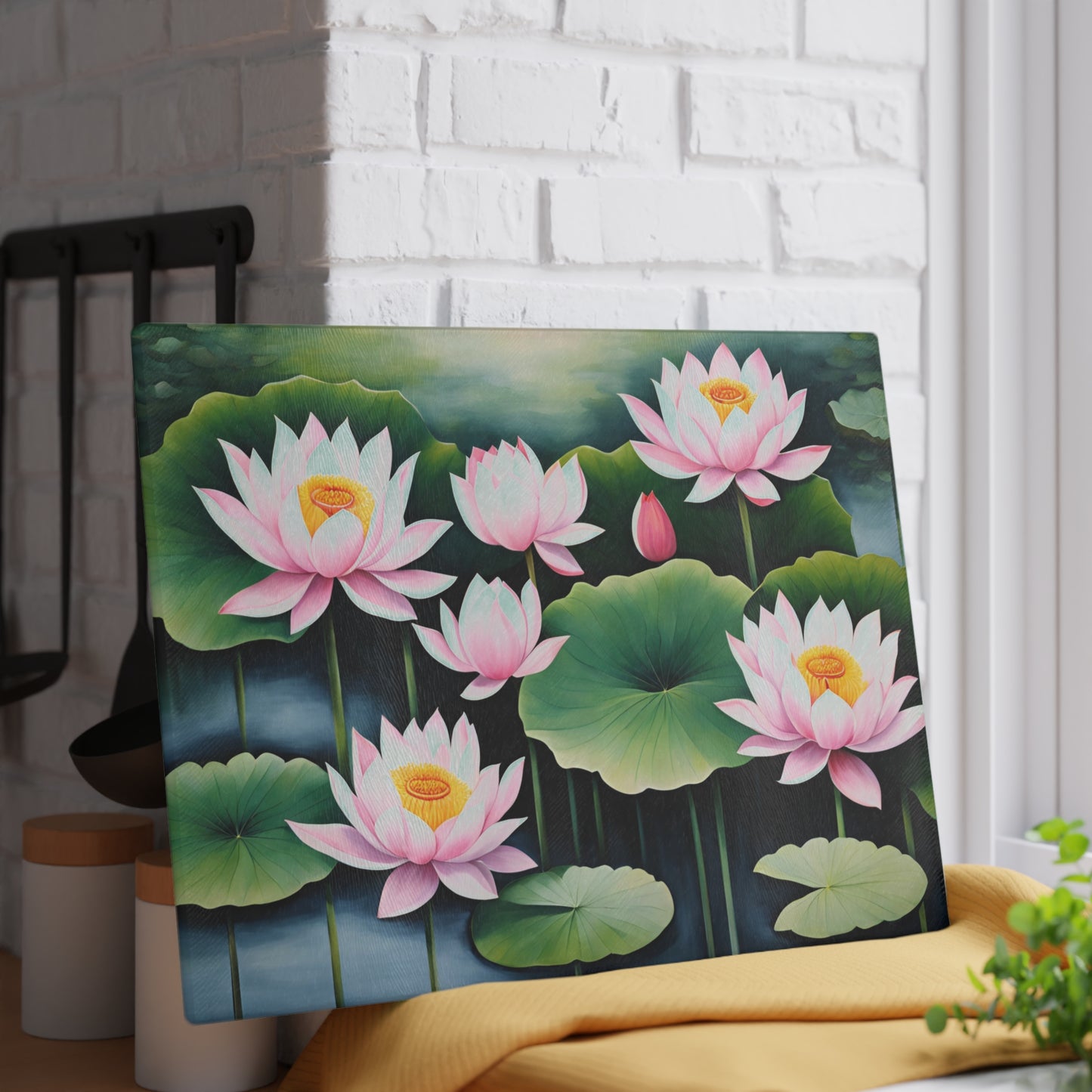 Kitchen Decor Glass Cutting Board Serving Tray with Lotus Blossom Design Cutting Board Gift for Home Cook Floral Charcuterie Board