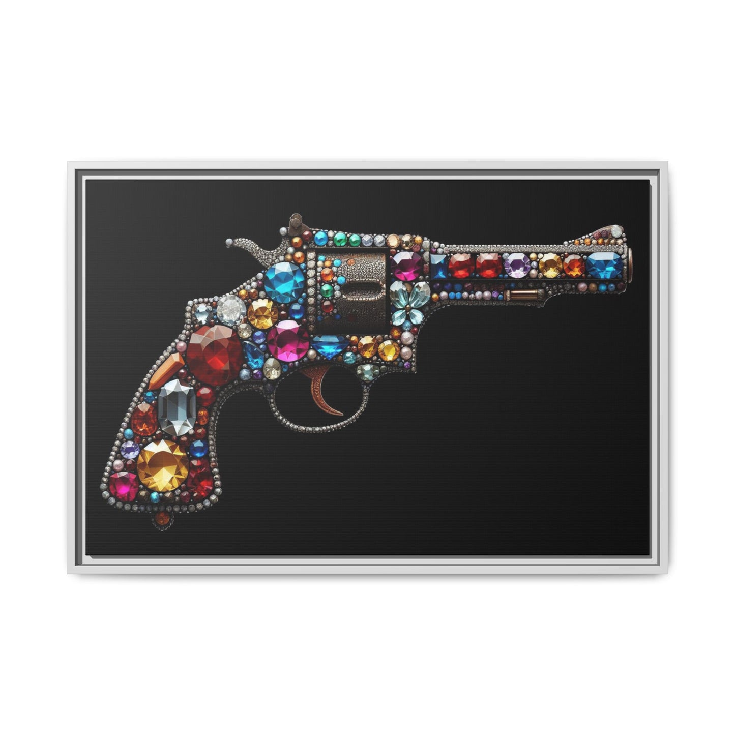 Bejeweled Revolver Print AI Design Unique Framed Canvas Print Wall Art Gun Lover Gift Edgy Glam Fantasy Weapon Decor 3 frame colors