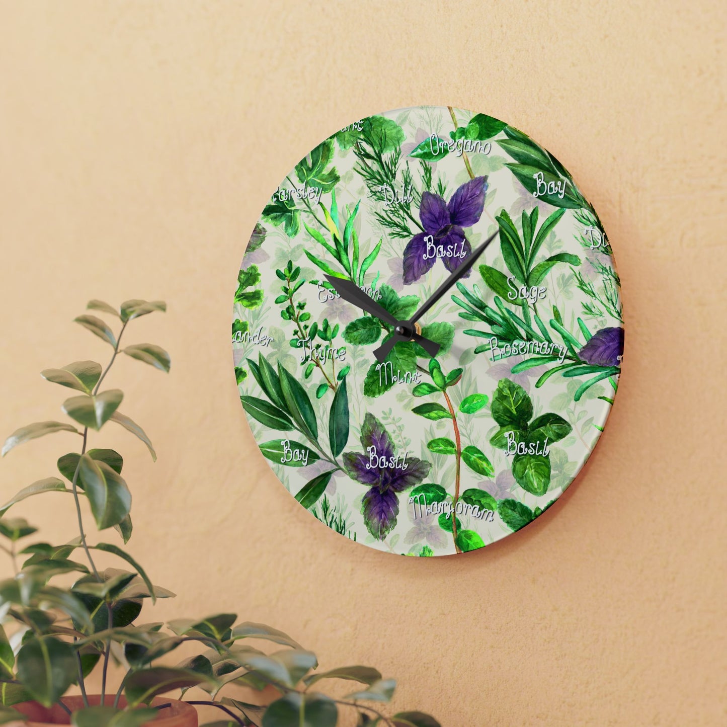 Herb Garden Design Acrylic Clock Unique Colorful Wall Clock for Kitchen or Living Room Nature Lover Field of Flowers Gardener Gift