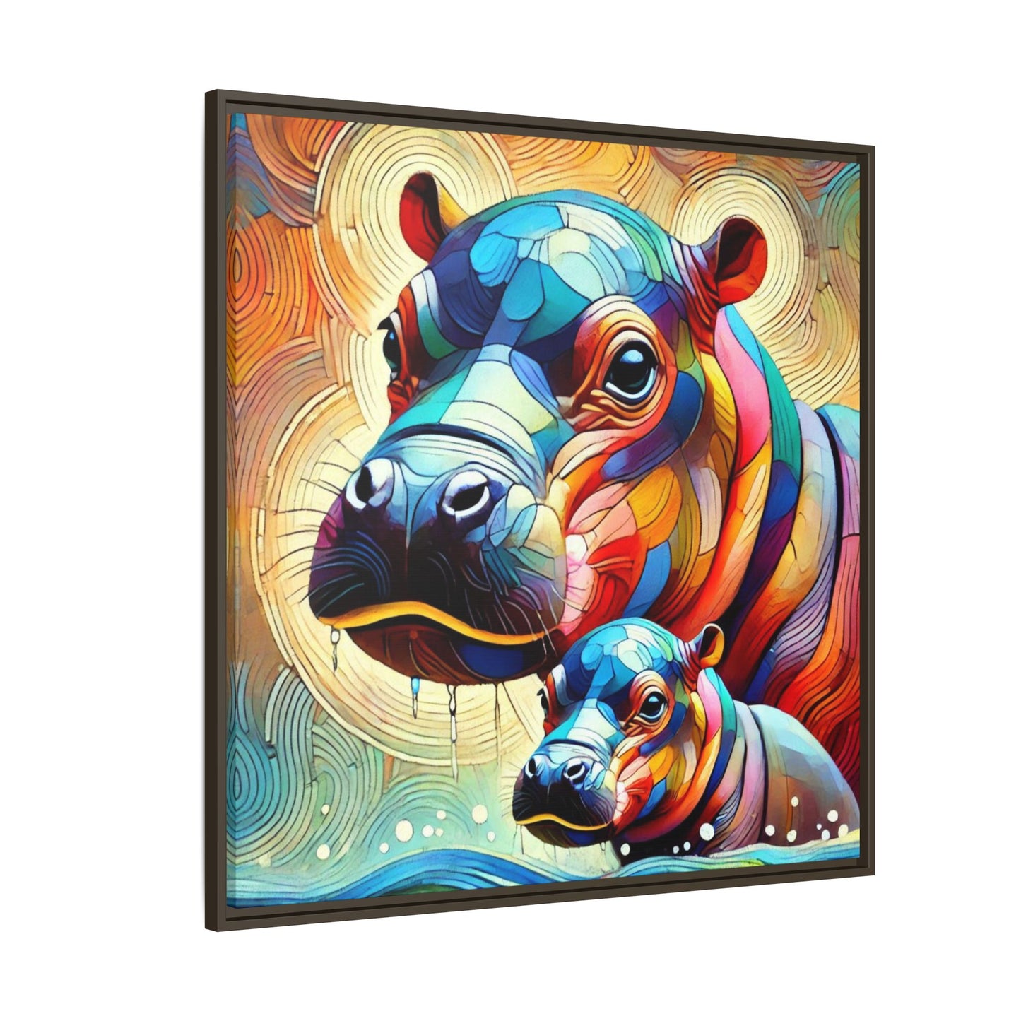Modern Hippo Print Abstract Design Unique Framed Canvas Print Baby Hippo Wall Art Animal Lover Gift Nature Lover Decor 3 frame colors