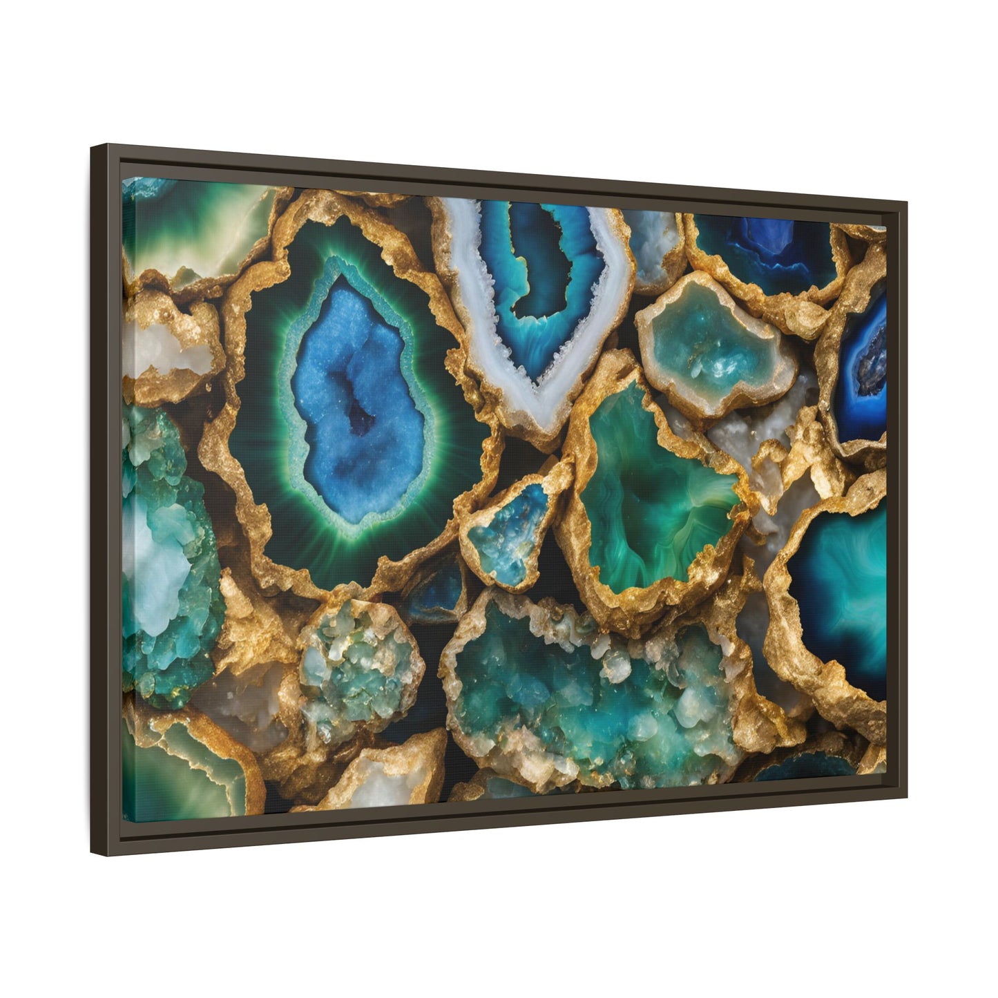 Blue, Green and Gold Quartz Crystal Geode Design Print Matte Canvas Wall Art Nature Lover Gift Geology Rock Lover Gift 3 frame color choices