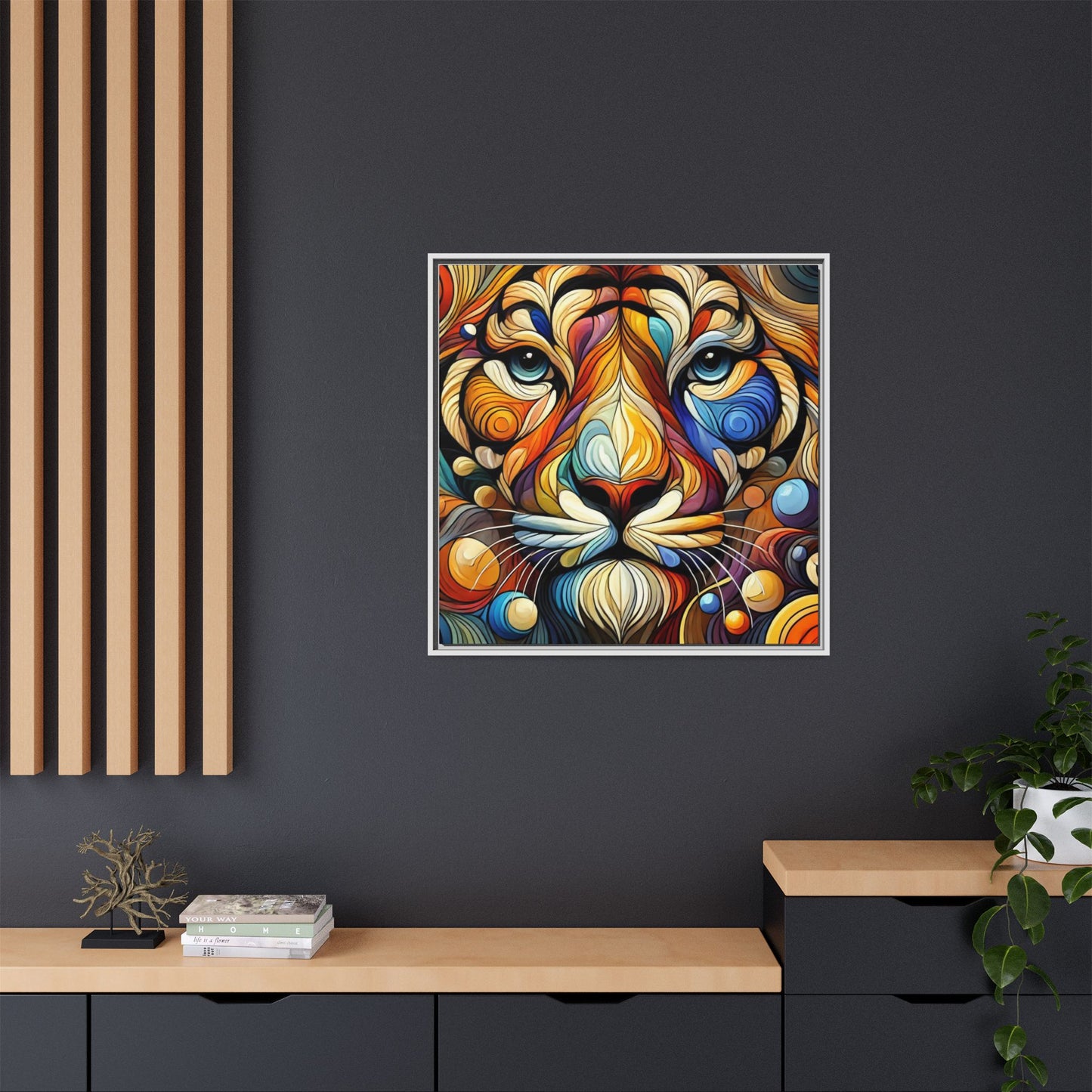 Modern Lion Face Print Abstract Design Unique Framed Canvas Print King of Jungle Wall Art Animal Lover Nature Lover Decor 3 frame colors