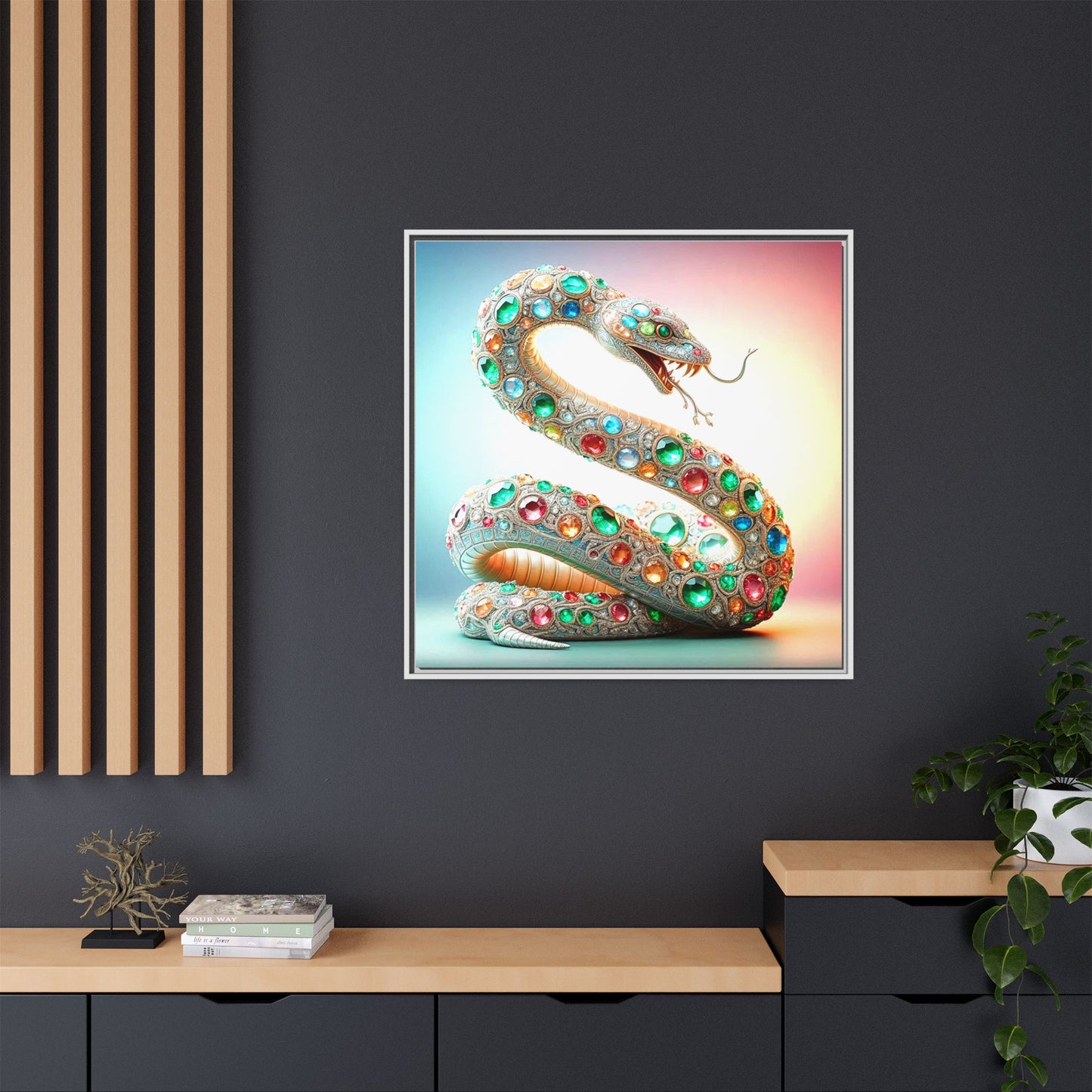 Bejeweled Snake Framed Canvas Print Wall Art Unique Fashion Designer Haute Couture Fashionista Animal Lover Gift Decor 3 Frame Colors