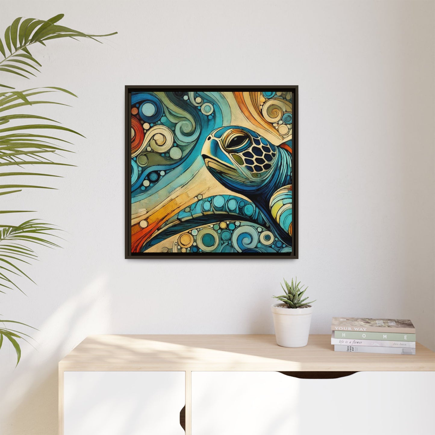 Modern Sea Turtle Print Abstract Design Unique Framed Canvas Print Oceanic Wall Art Animal Lover Gift Nature Lover Decor 3 frame colors