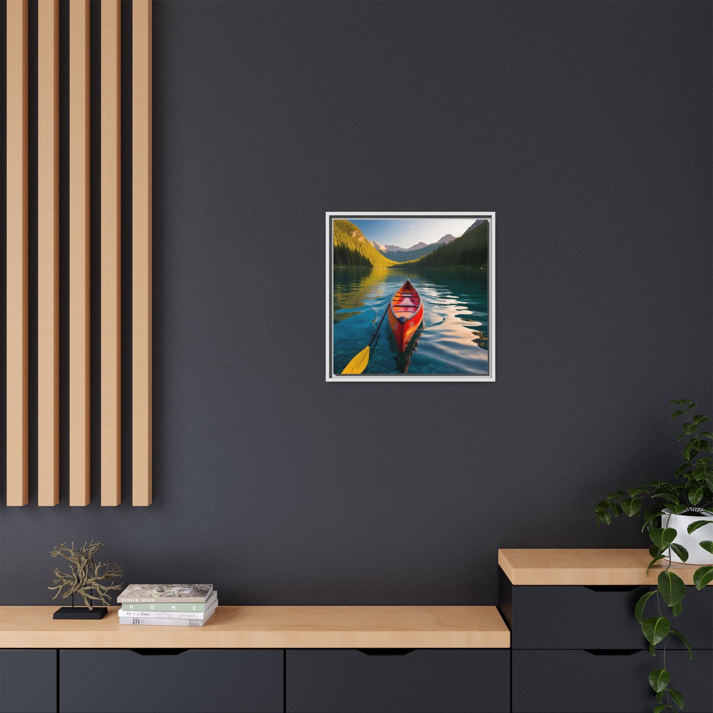 Canoe in the River Framed Canvas Wall Art Mountain Lover Outdoorsman Vacation Kayak Gift Nature Lover Peaceful Zen Gift 3 frame colors