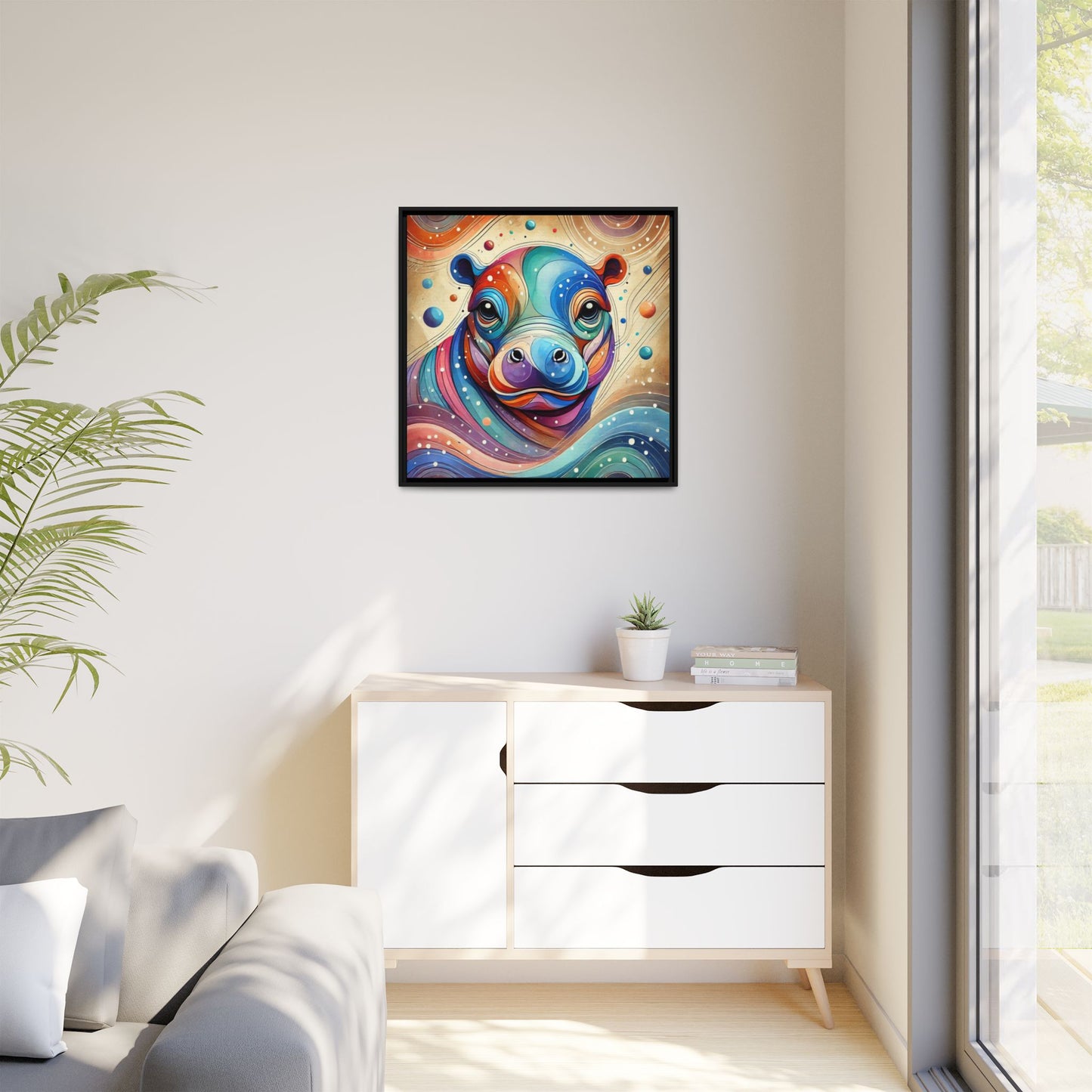 Modern Hippo Print Abstract Design Unique Framed Canvas Print Baby Hippo Wall Art Animal Lover Gift Nature Lover Decor 3 frame colors