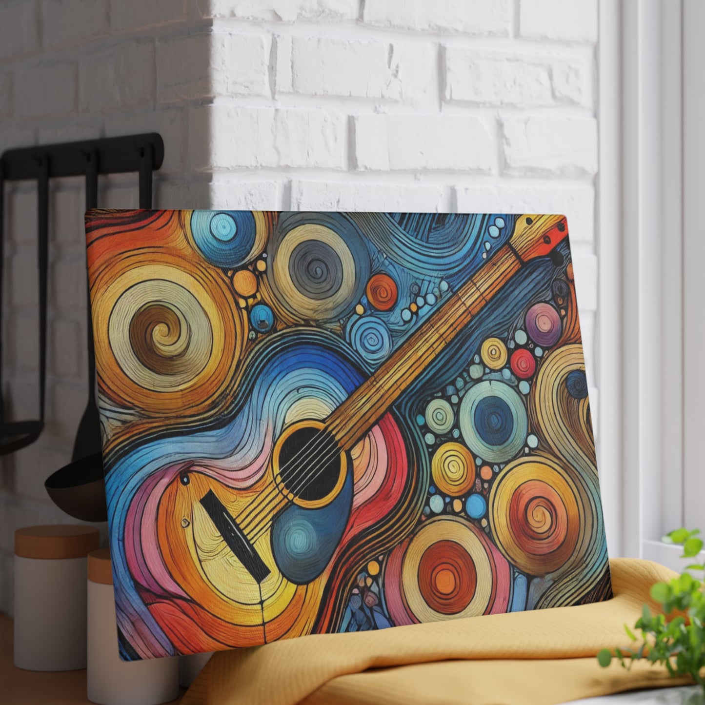 Kitchen Decor Glass Cutting Board Serving Tray with Guitar Design Cutting Board Gift for Home Cook Fun Music Lover Charcuterie Board