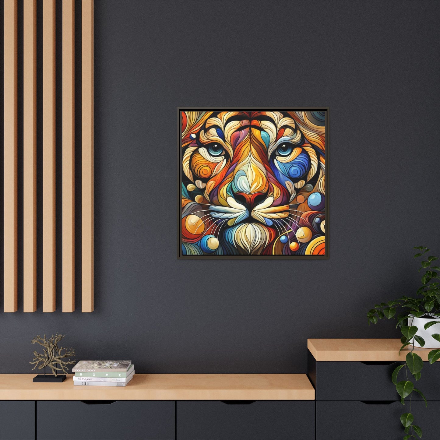 Modern Lion Face Print Abstract Design Unique Framed Canvas Print King of Jungle Wall Art Animal Lover Nature Lover Decor 3 frame colors