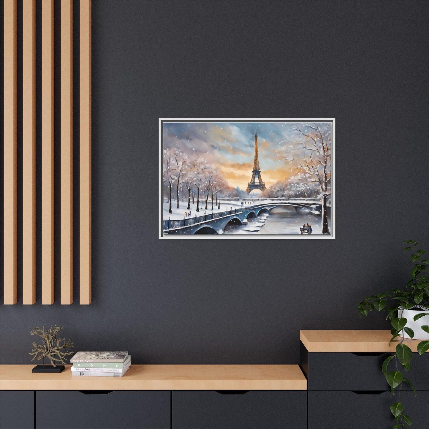 Eiffel Tower in Winter Print Wall Art Matte Stretched Canvas Paris Lover Gift Winter in France, 3 frame colors to choose from