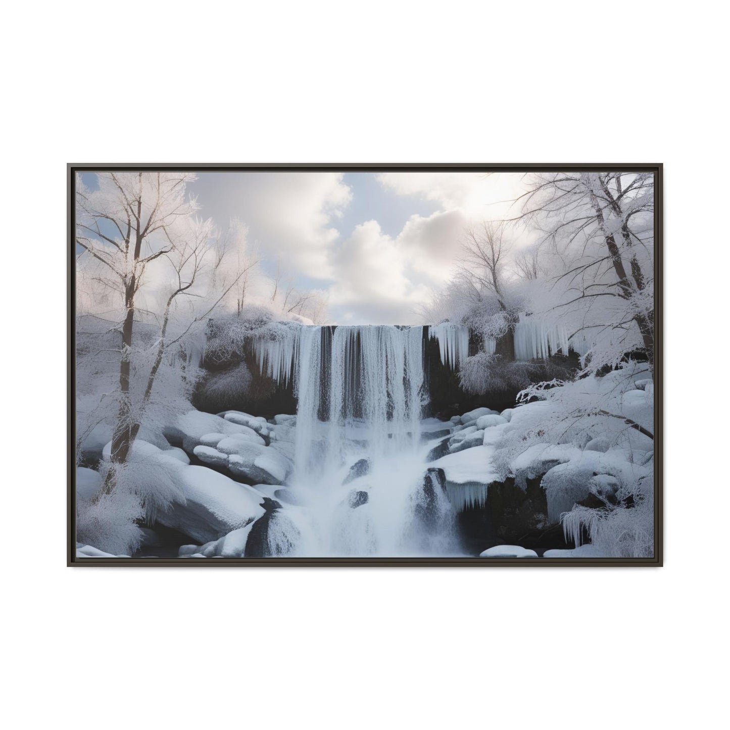 Modern Snowy Waterfall Design Unique Framed Canvas Wall Art Winter Scene Nature Lover Gift Mountain Landscape Decor Gift 3 frame colors