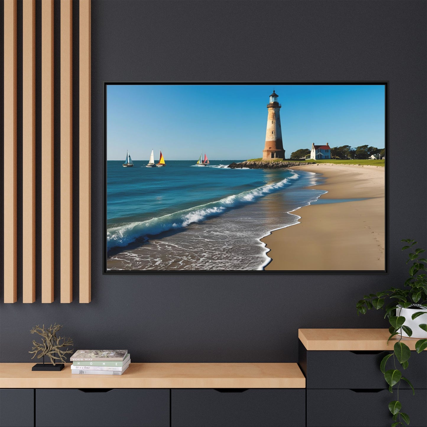 Lighthouse on the Beach Unique Framed Canvas Print Wall Art Nature Lover Gift Beachy Sailboats in the Ocean Vacation Decor 3 frame colors
