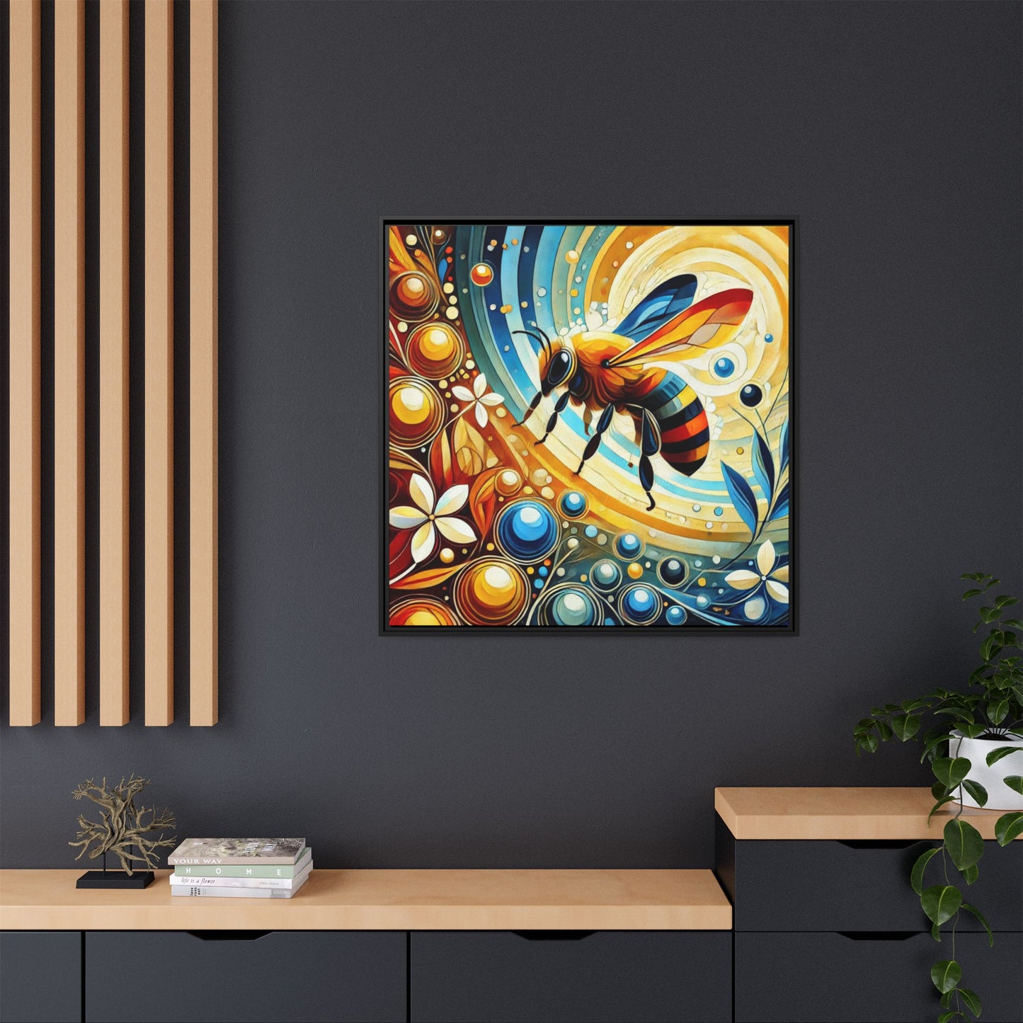 Modern Bee Print Abstract Design Unique Framed Canvas Print Insect Lover Wall Art Animal Lover Nature Lover Decor 3 frame colors