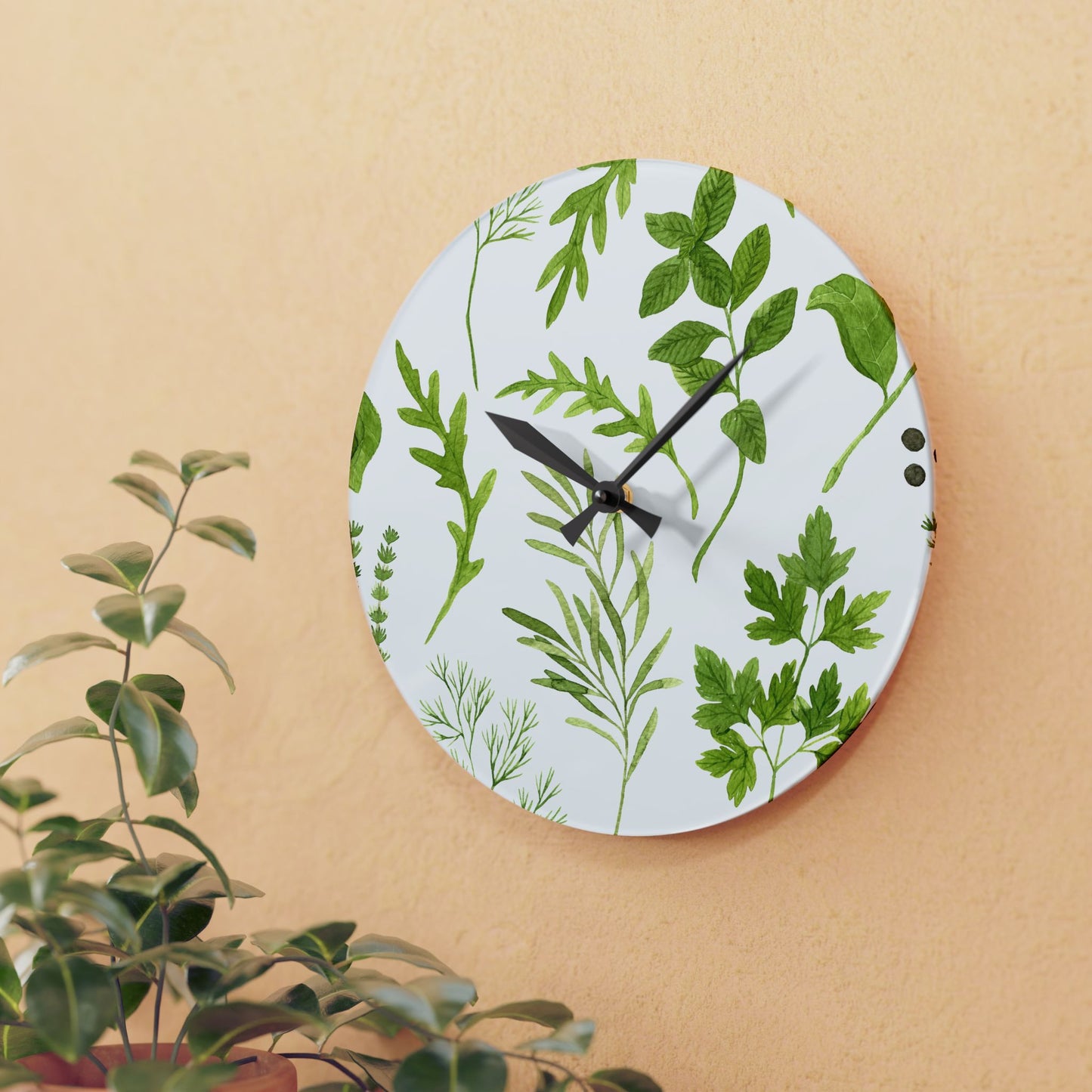 Herb Garden Design Acrylic Clock Unique Colorful Wall Clock for Kitchen or Living Room Nature Lover Field of Flowers Gardener Gift