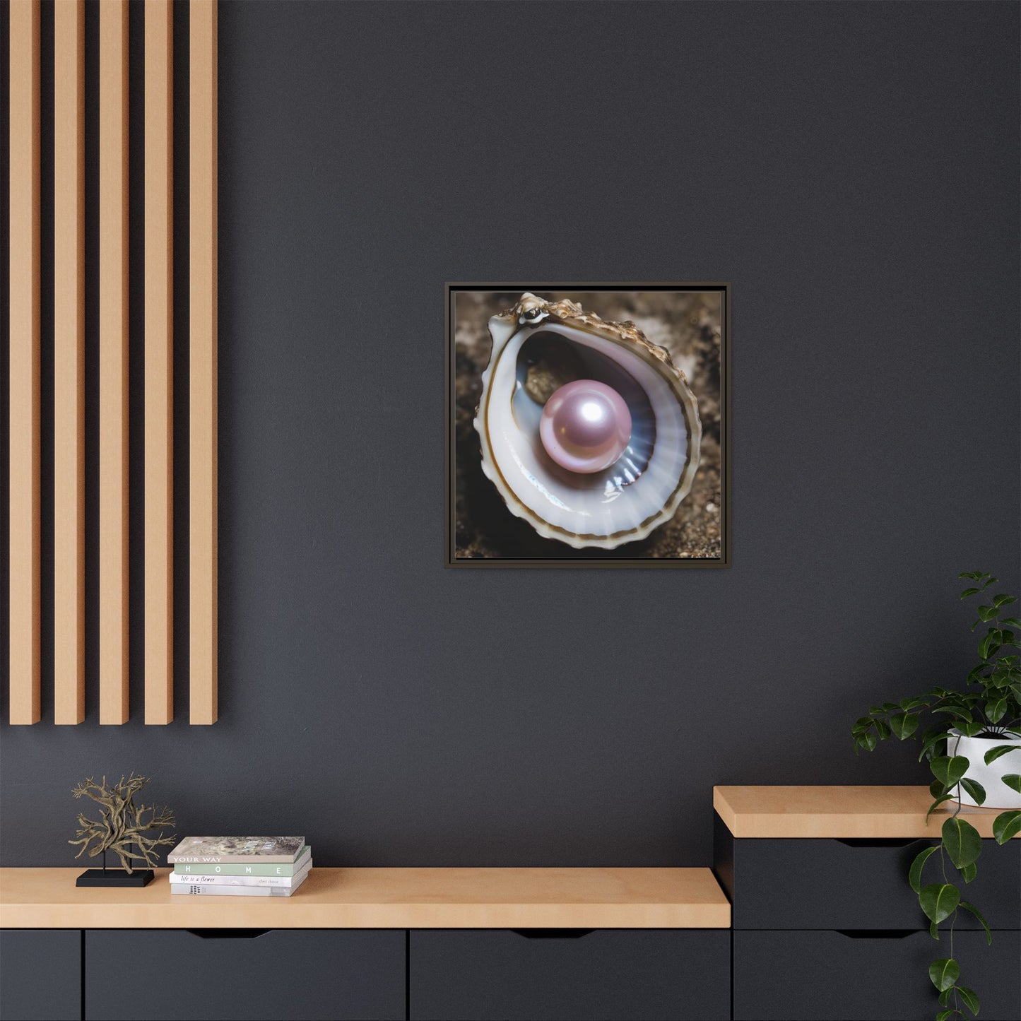 Pink Pearl in Oyster Shell Framed Canvas Wall Art Beach Lover Vacation Oceanic Gift Nature Lover Peaceful Zen Gift 3 frame colors