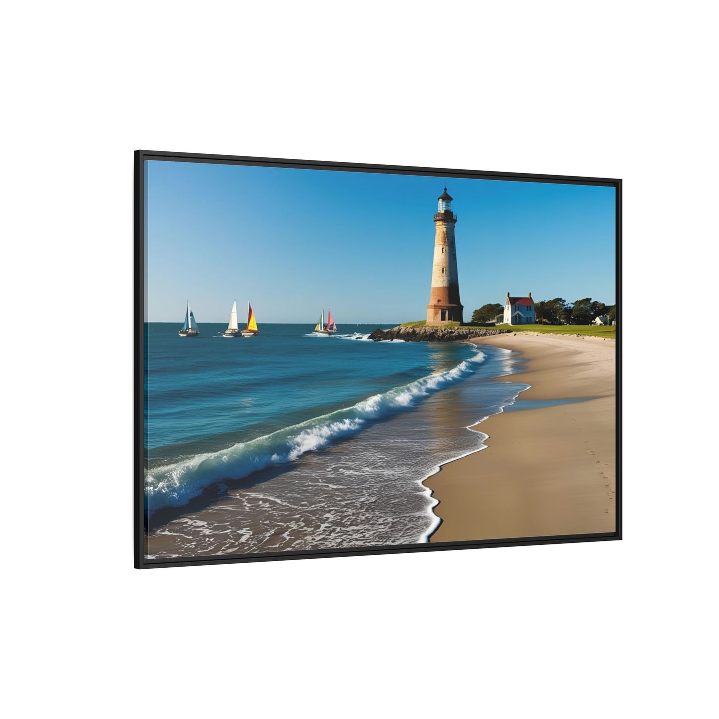 Lighthouse on the Beach Unique Framed Canvas Print Wall Art Nature Lover Gift Beachy Sailboats in the Ocean Vacation Decor 3 frame colors