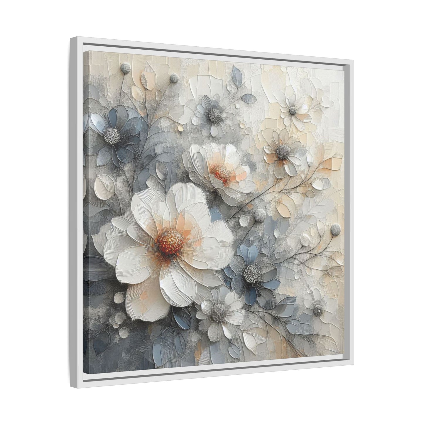 Modern Grey and White Floral Design Unique Framed Canvas Wall Art Flower Lover Gift Nature Lover Gift 3 frame colors