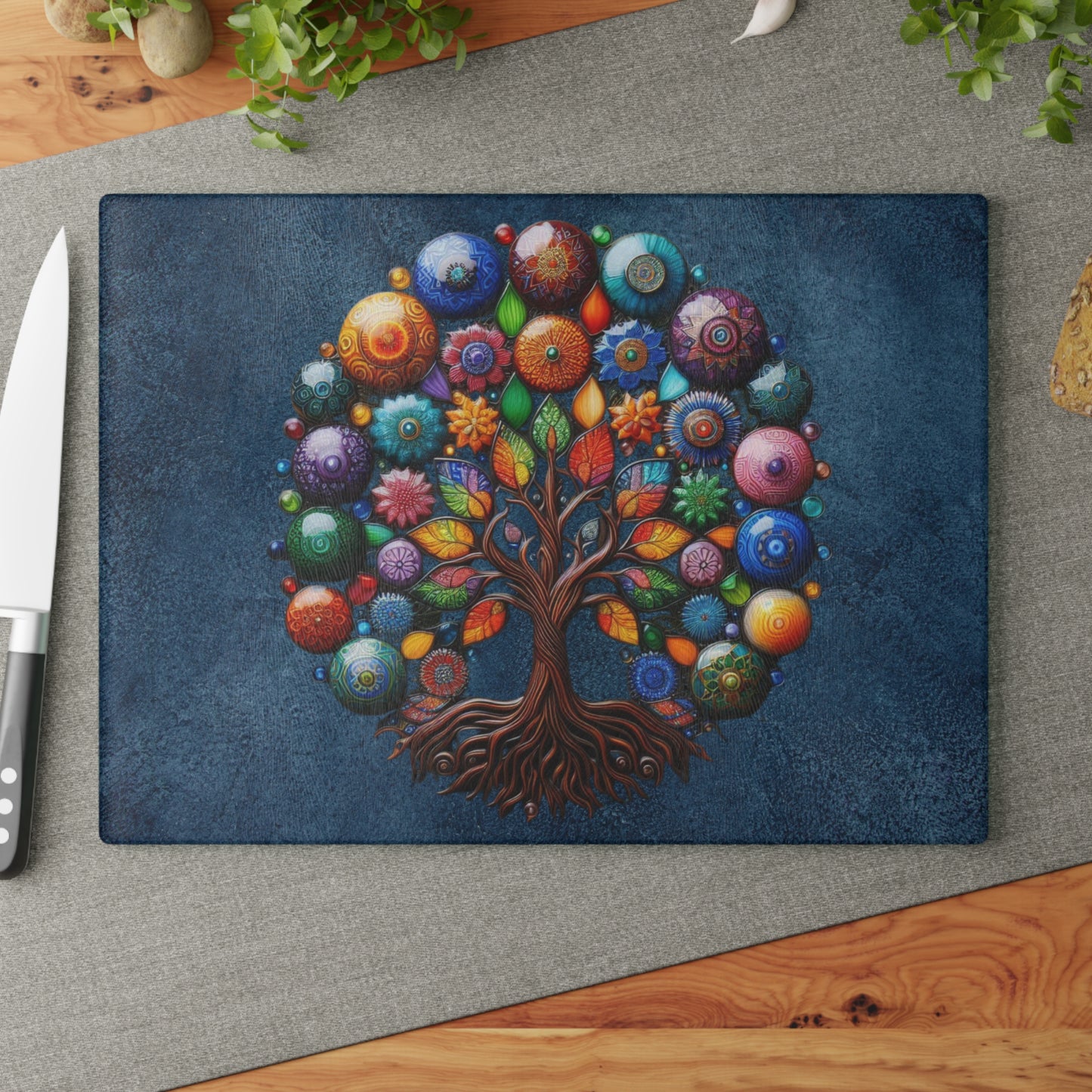 Kitchen Decor Glass Cutting Board Serving Tray with Tree of Life Design Cutting Board Gift for Home Cook Glass Charcuterie Board