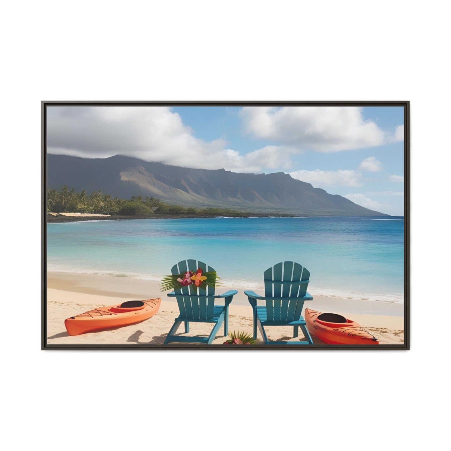 Chairs on the Beach Print Unique Framed Canvas Print Wall Art Gift Beachy Nature Lover Ocean Waves Hawaiian Vacation Decor 3 frame colors