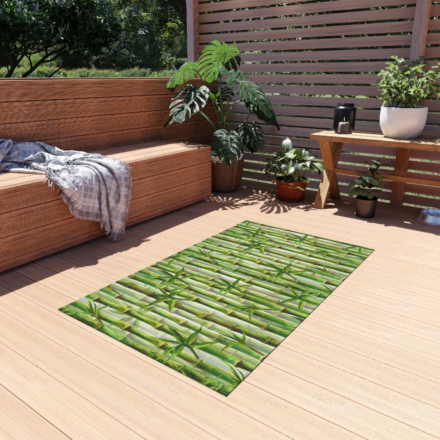 Bamboo-look Chenille Outdoor Rug with No-Skid Backing Cozy Outdoor Carpet Patio Decor Gazebo Rug Beachy Tropical Pool Area Asian Decor