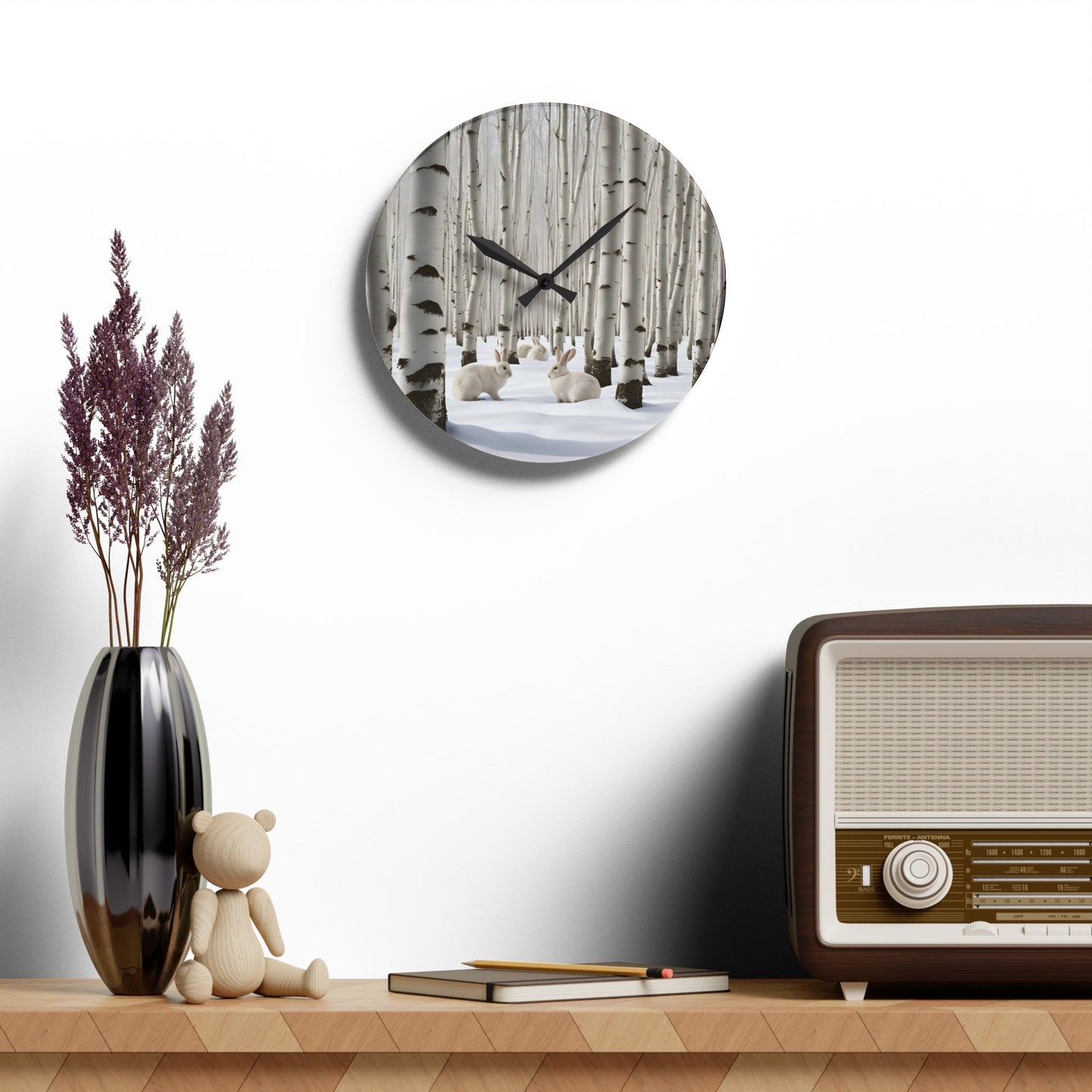 Bunnies in the Forest Design Acrylic Clock Unique Colorful Wall Clock for Kitchen or Living Room Nature Lover Gift