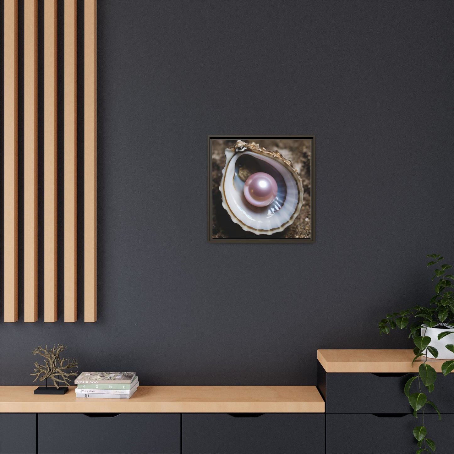 Pink Pearl in Oyster Shell Framed Canvas Wall Art Beach Lover Vacation Oceanic Gift Nature Lover Peaceful Zen Gift 3 frame colors