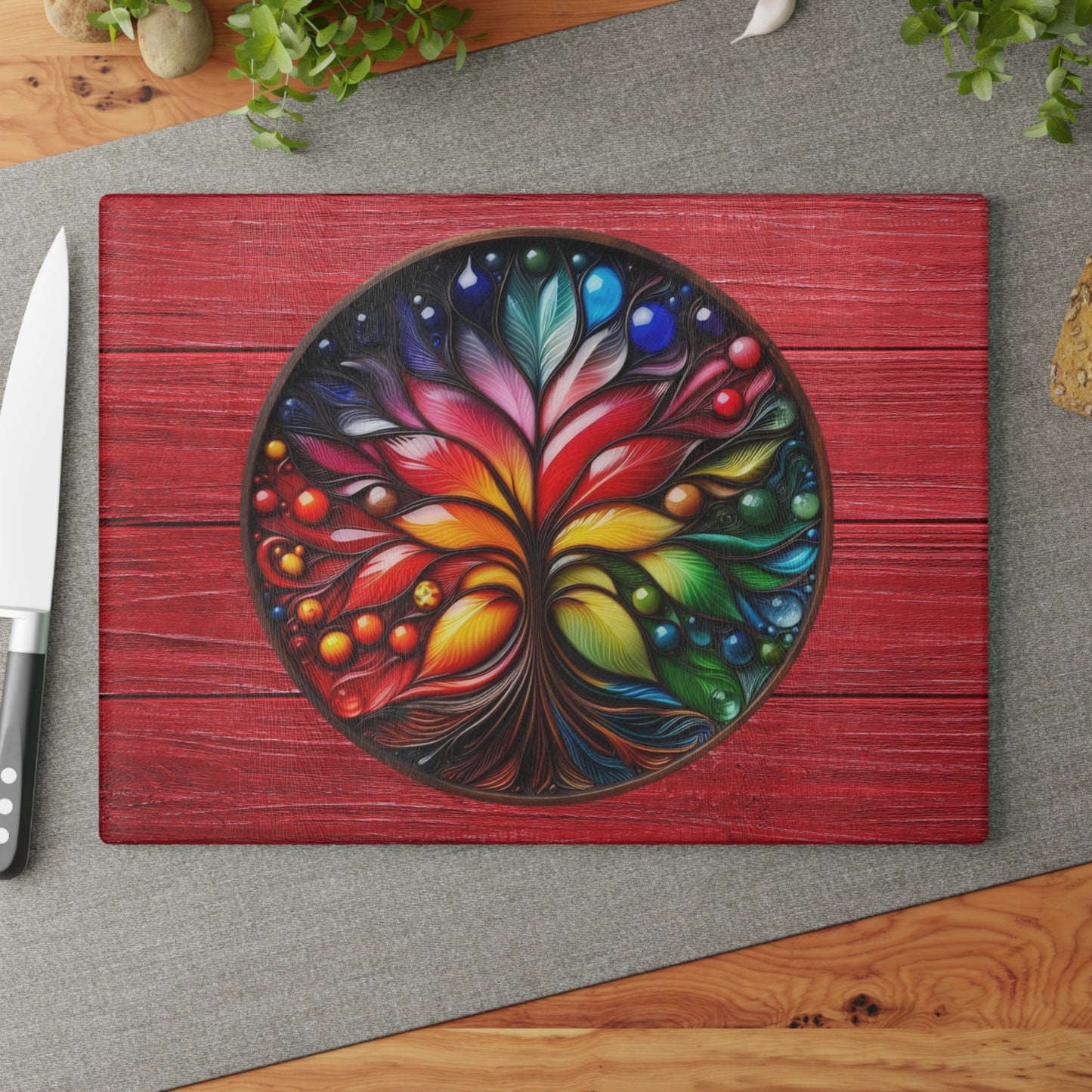 Glass Kitchen Decor Glass Cutting Board Serving Tray with Tree of Life Design Cutting Board Gift for Home Cook Glass Charcuterie Board