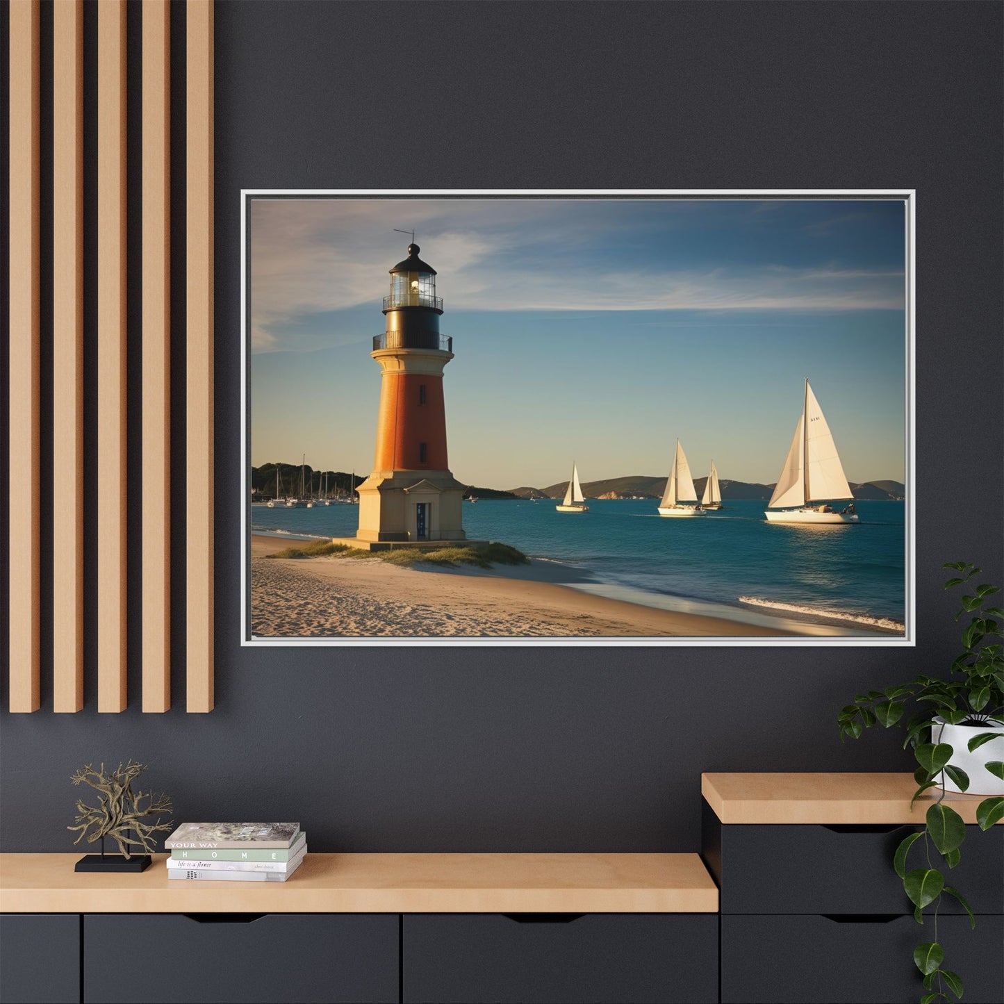 Lighthouse on the Beach Unique Framed Canvas Print Wall Art Nature Lover Gift Beachy Sailboats in the Ocean Vacation Decor 3 frame colors