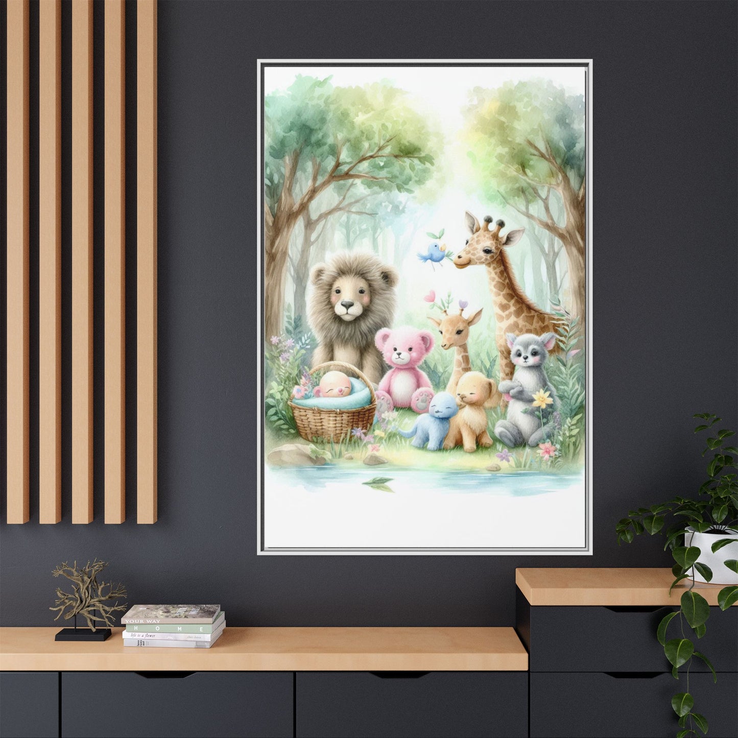 Whimsical Nursery Decor Pastel Menagerie Unique Sweet Baby Room Framed Baby Animal Canvas Print Wall Unisex Baby Shower Gift 3 frame colors