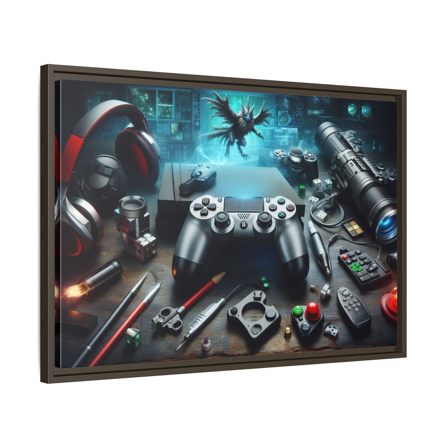 Gamer Themed Unique Framed AI Canvas Print Wall Art Video Game Lover Futuristic Digital Style Gift Cyber Geek Matrix Decor 3 frame colors