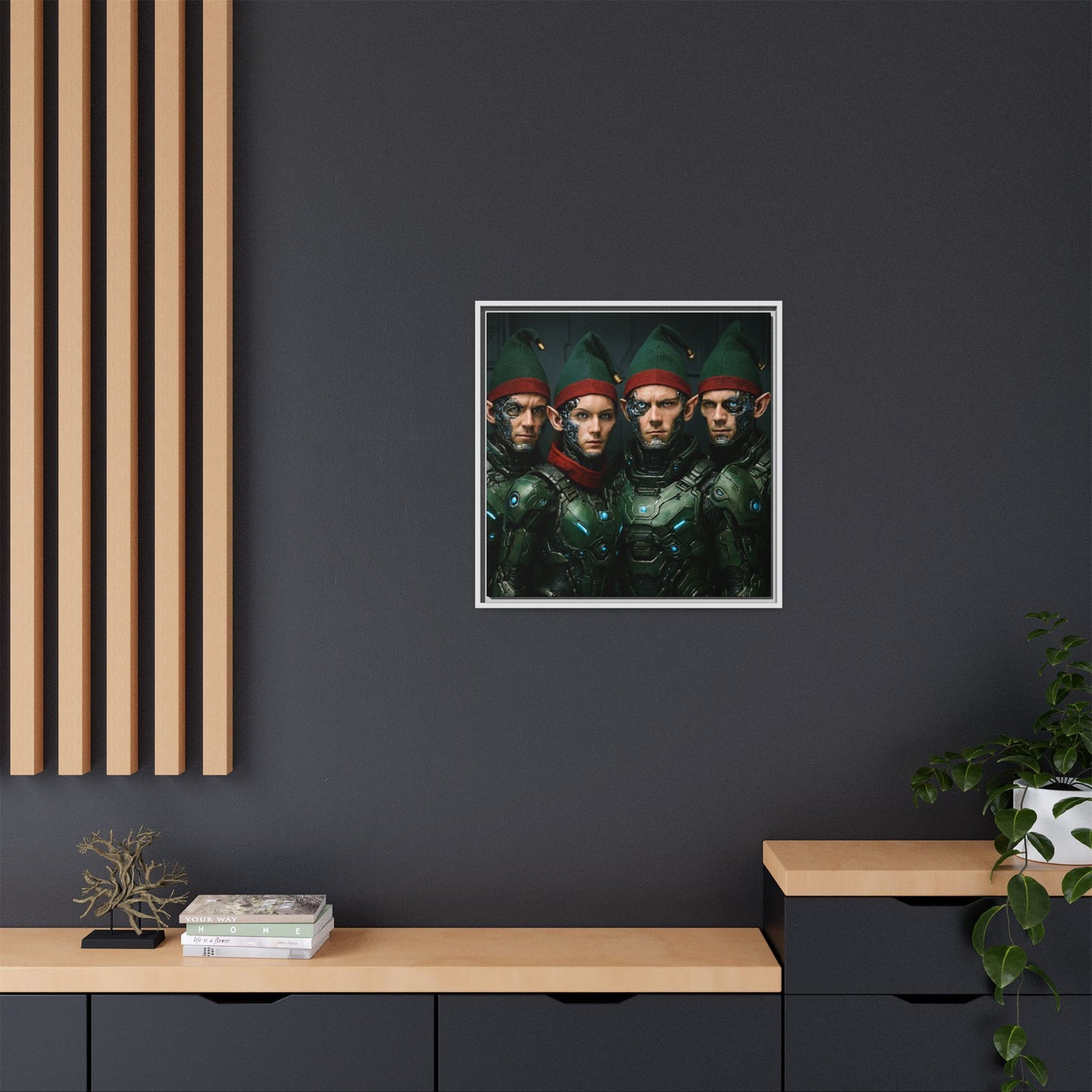 Cyber-Elves Print Modern AI Elf Design Unique Framed Canvas Sci-Fi Print Funny Christmas Elf Wall Art Gamer Gift Decor 3 frame colors