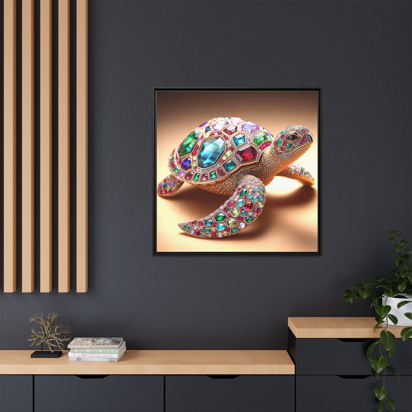 Bejeweled Turtle Framed Canvas Print Wall Art Unique Fashion Designer Haute Couture Fashionista Animal Lover Gift Decor 3 Frame Colors