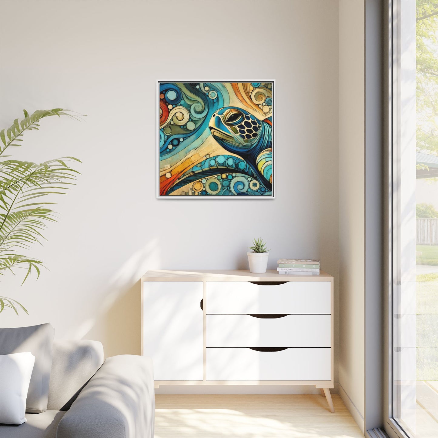 Modern Sea Turtle Print Abstract Design Unique Framed Canvas Print Oceanic Wall Art Animal Lover Gift Nature Lover Decor 3 frame colors