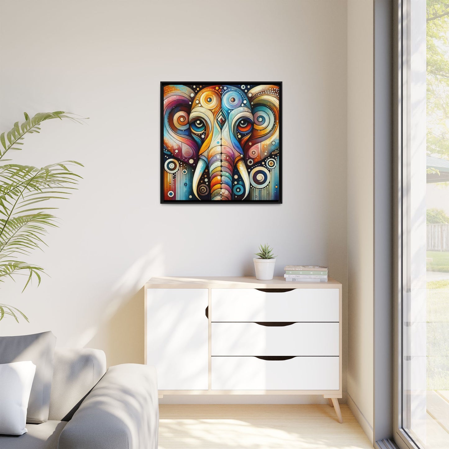 Modern Elephant Face Print Abstract Design Unique Framed Canvas Print African Wall Art Animal Lover Nature Lover Decor 3 frame colors