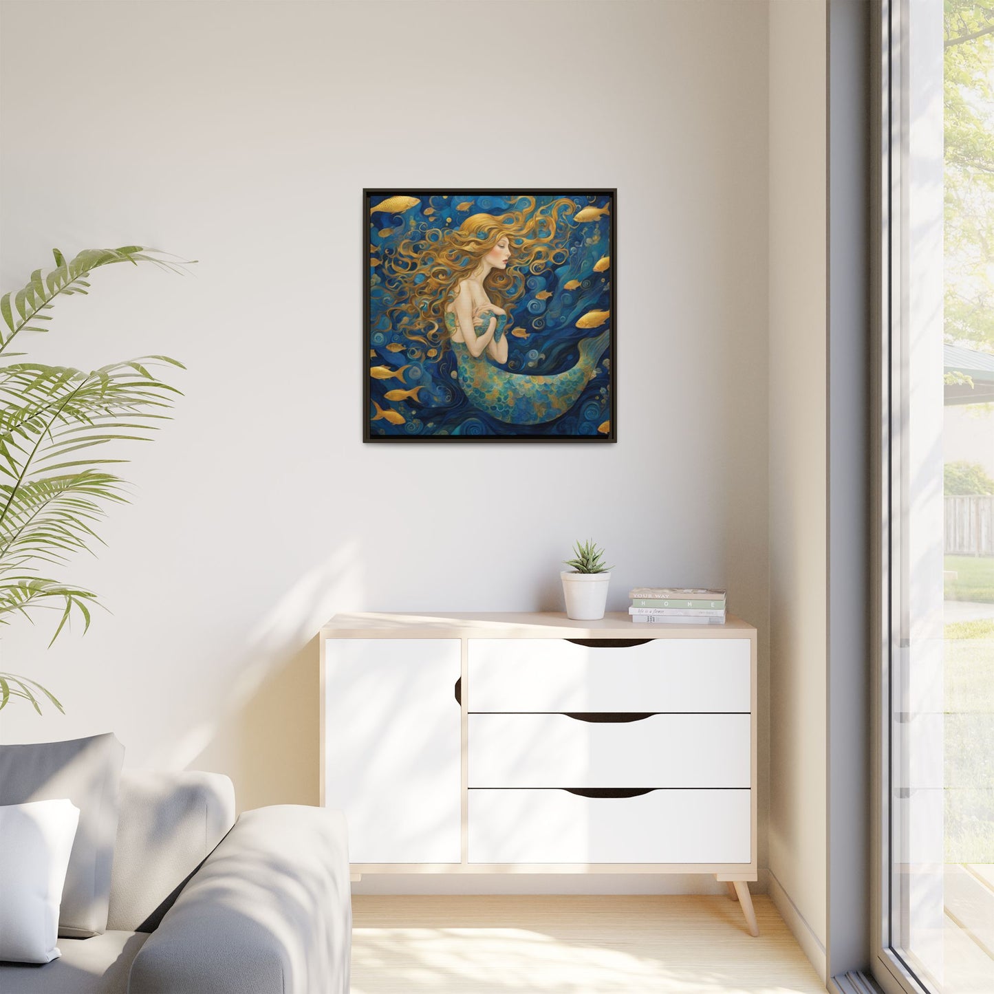 Modern Abstract Mermaid Design Unique Framed Canvas Oceanic Wall Art Underwater Gold Fish Anime Gift Nature Lover Gift 3 frame colors